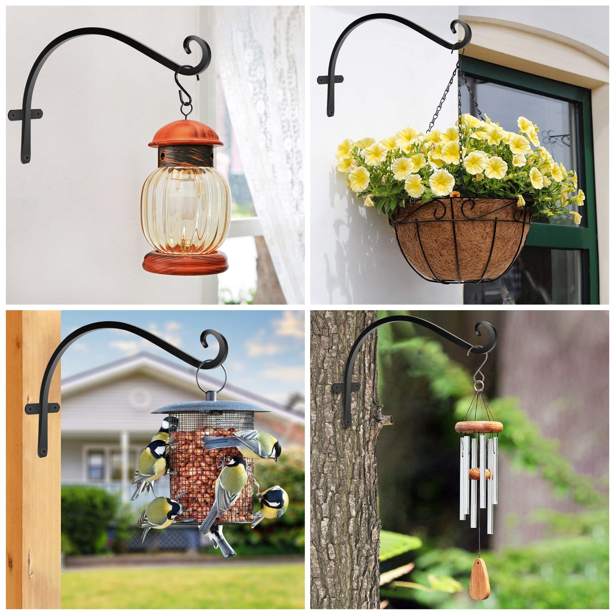 HOOPLE Heavy Duty Outdoor Plant Hangers 2 Pack - 12 Inch Extra Long Cast Iron Hanging Brackets for Flower Baskets, Black Metal Hooks with Elegant Design - Perfect for Porch, Garden, and Patio Decor