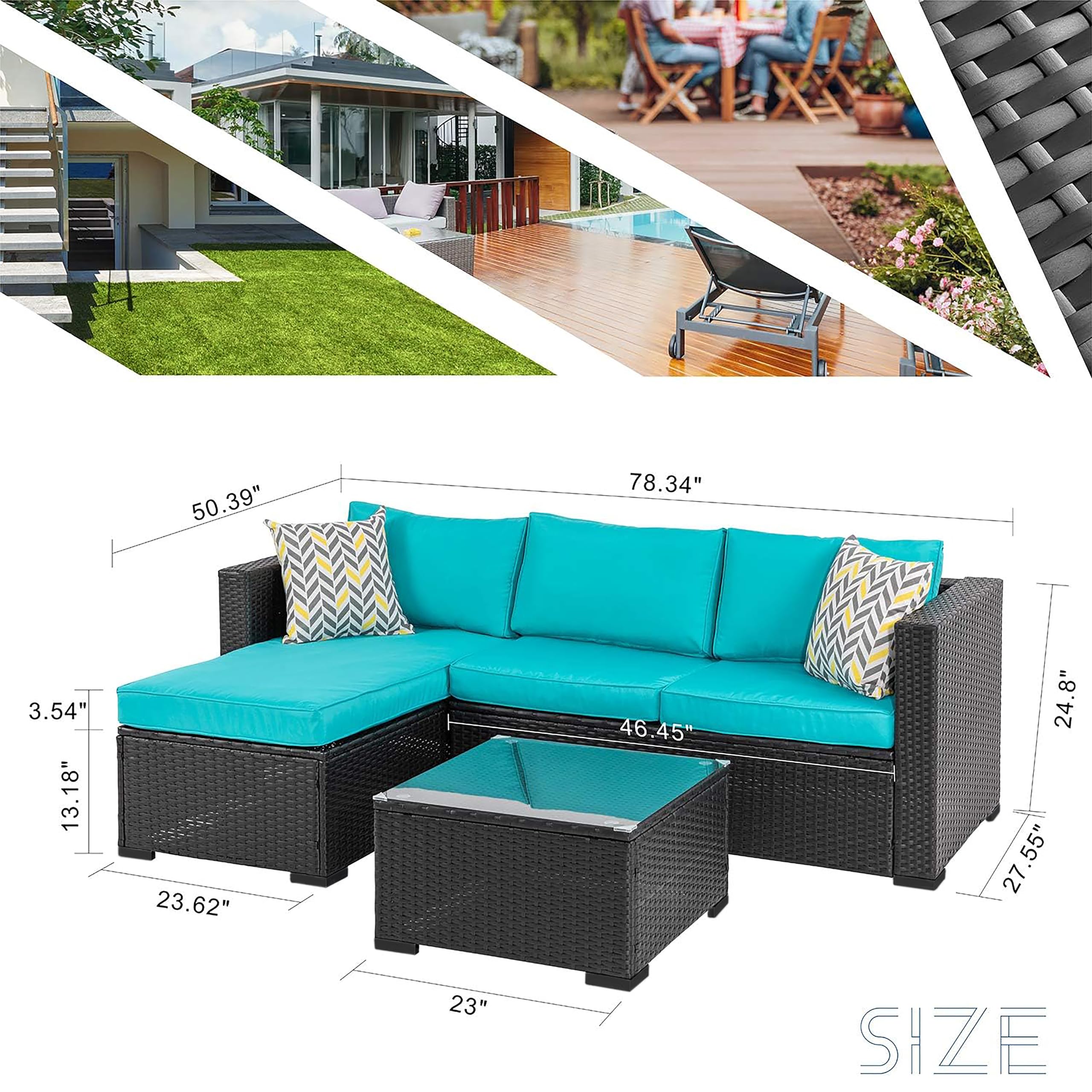 Shintenchi 3-Piece Outdoor Wicker Patio Sofa Set - All-Weather Rattan Sectional with Chaise Lounge, Glass Coffee Table & Washable Blue Cushions - Perfect for Backyard, Garden, Poolside or Balcony Relaxation