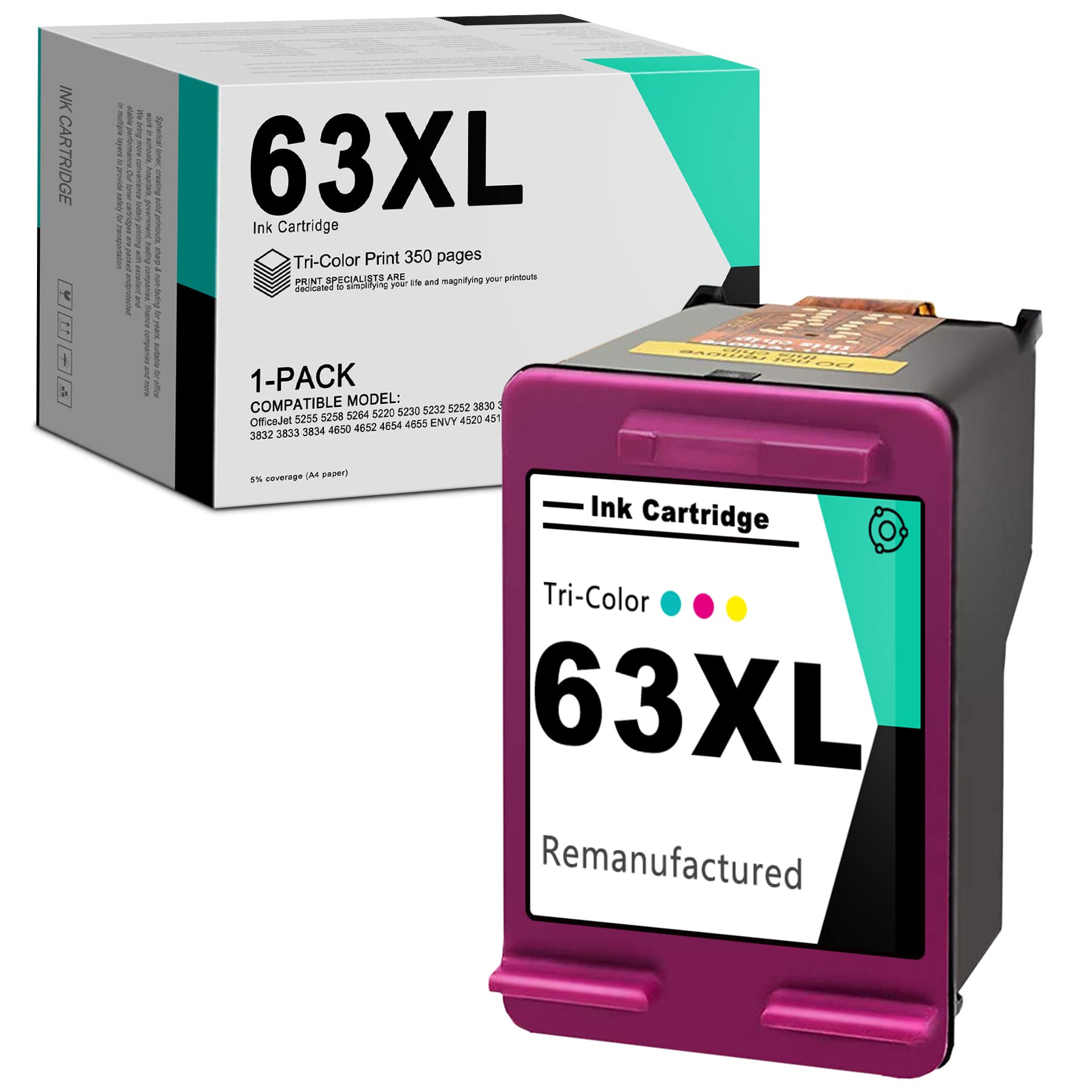 YECOLS Remanufactured HP 63XL/63 XL Ink Cartridge Replacement - Compatible with Officejet 4650, 3830, 3833, Envy 4512, 4520, Deskjet 3634, 3630, 3632, 2130, 2132, 1112 Printers (1 Tri-Color Pack) - Perfect for Home Office Printing, School Projects & Small Business Documents