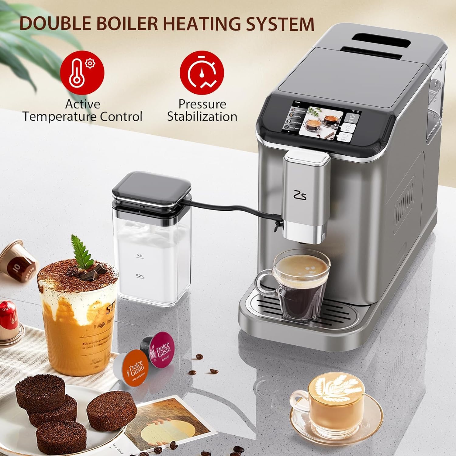Fully Automatic Espresso Machine with Built-in Milk Frother - 20 Bar Pressure, Adjustable Grind (1-15) & TFT Touch Screen - Silver | Perfect for Home Baristas & Coffee Shops