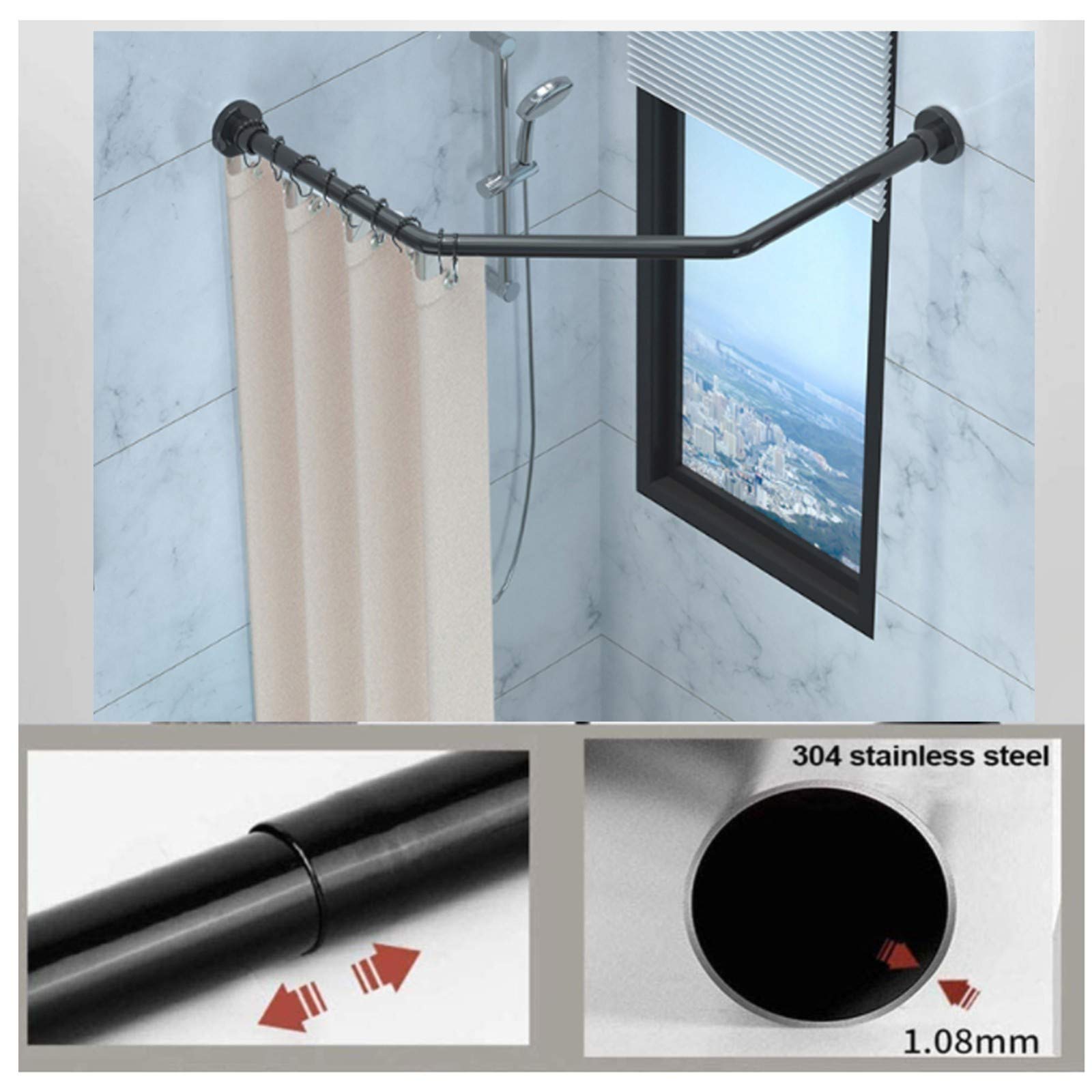 Adjustable Curved Shower Curtain Rod - 304 Stainless Steel Diamond Shaped Bathroom Bathtub Corner Rod - No Drill Punch-Free Installation for Bathroom & Fitting Room - Perfect for Small Spaces & Corner Showers