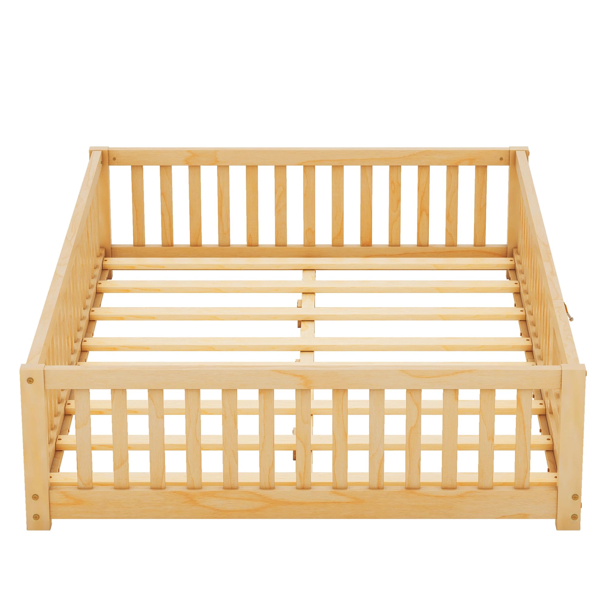 Montessori Full Size Floor Bed with Slats & Center Support Bar - Natural Wood Toddler Bed with Safety Fence & Door for Kids Room, Playroom or Nursery
