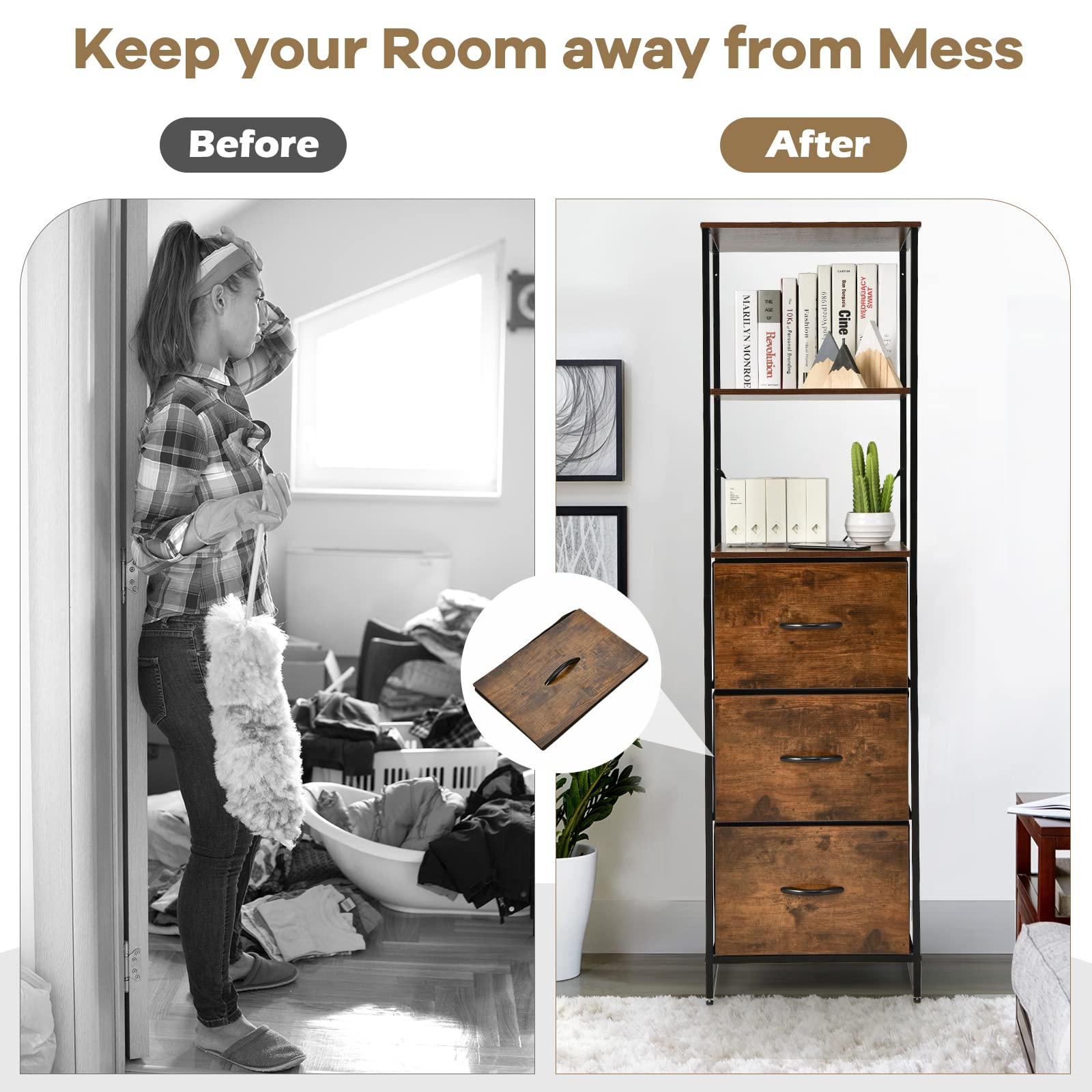 LOKO Tall Floor Storage Cabinet - Industrial Skinny Cabinet with 3 Fabric Drawers, Rustic Narrow Storage Organizer with Adjustable Footpads (17x15x61.5 Inches) - Perfect for Bedroom, Living Room & Office Organization