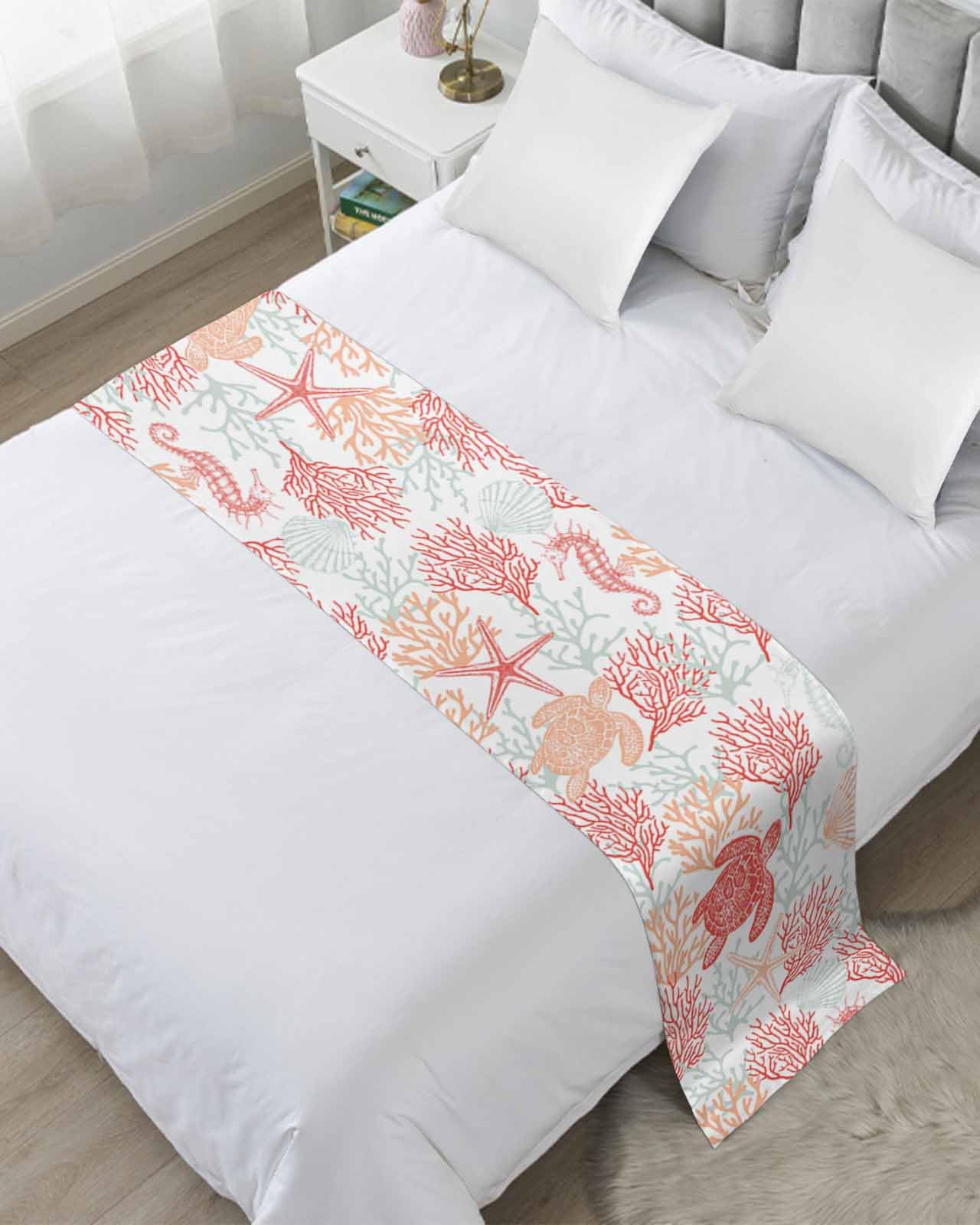 Red Orange Coastal Bed Runner for Full/Queen Bed - 83x20 Inch Nautical Coral Beach Bedspread Protector, Slipcover Bed Scarf for Foot of Bed - Perfect for Bedroom, Hotel & Wedding Decor - Sea Turtle Summer Beach Theme Home Accent
