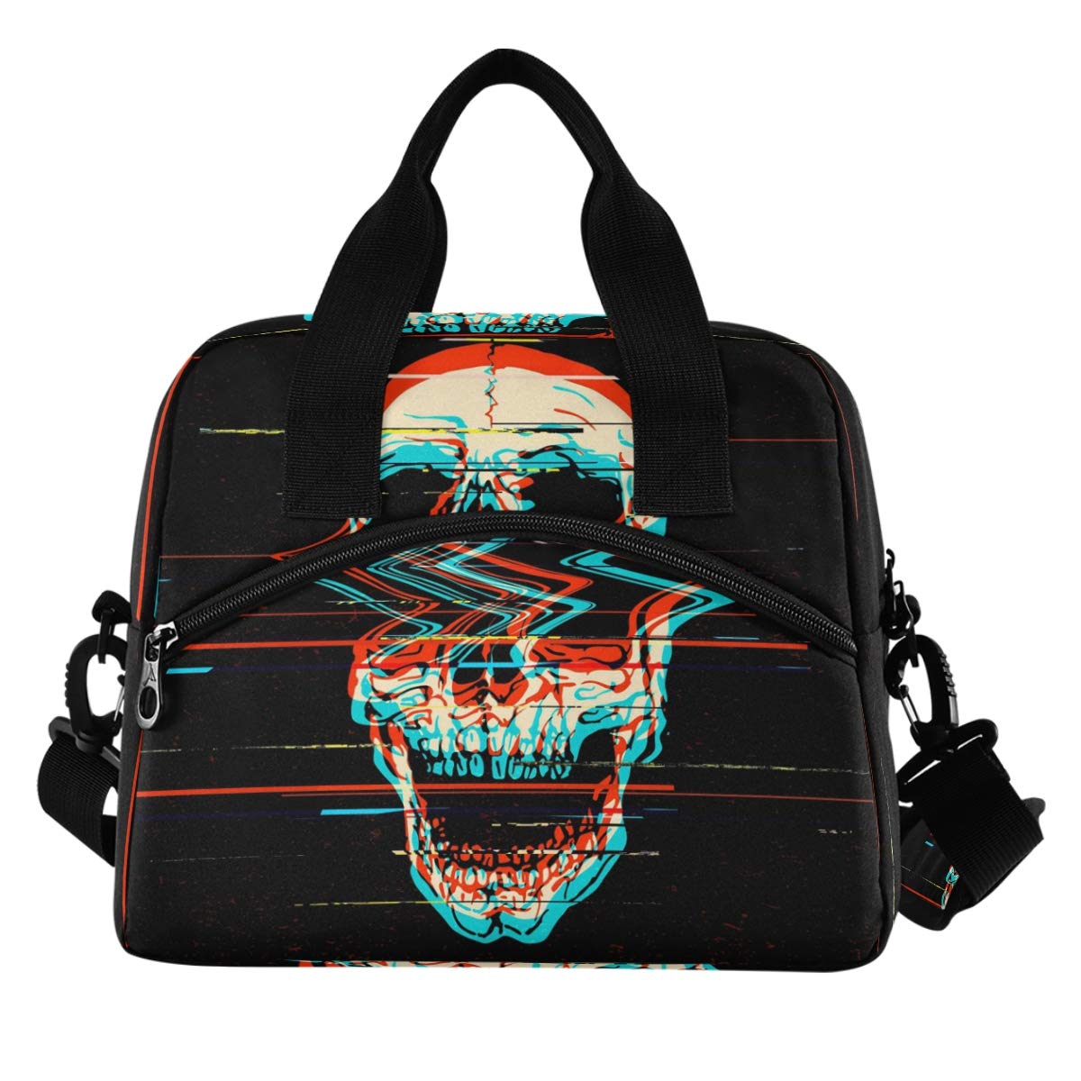 Insulated Lunch Bag for Women & Men - Reusable Cooler Tote with Shoulder Strap | Digital Glitch Skull Design | Perfect for Work, School, Picnics & Outdoor Activities