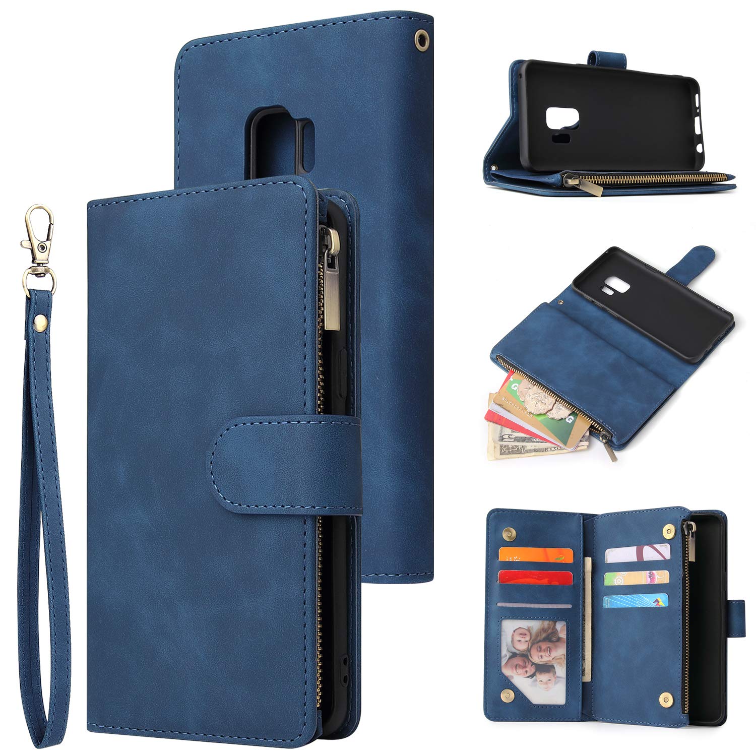 Premium PU Leather Wallet Case for Samsung Galaxy S9 Plus - Magnetic Closure, Zipper Pocket, Kickstand & Card Slots with Hand Strap | Stylish Flip Phone Case for Women | Perfect for Work, Travel & Everyday Use