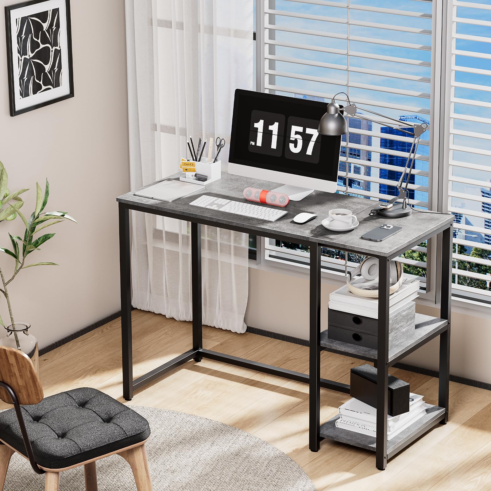 SINPAID 40-inch Modern Computer Desk with 2-Tier Shelves & Large Storage Space - Sturdy Home Office Desk, Gaming Desk, Study Writing Laptop Table (Gray) - Perfect for Small Spaces, Remote Work & Online Classes