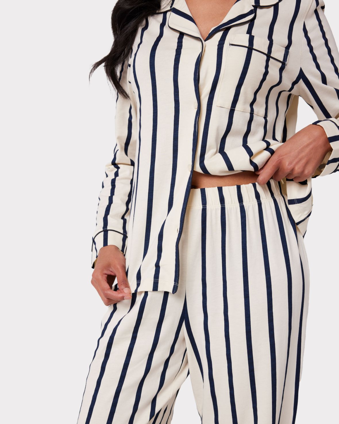 Organic Cotton Striped Long Sleeve Pajama Set for Women - Navy Blue - Soft & Comfortable Sleepwear for Nighttime Relaxation & Lounging