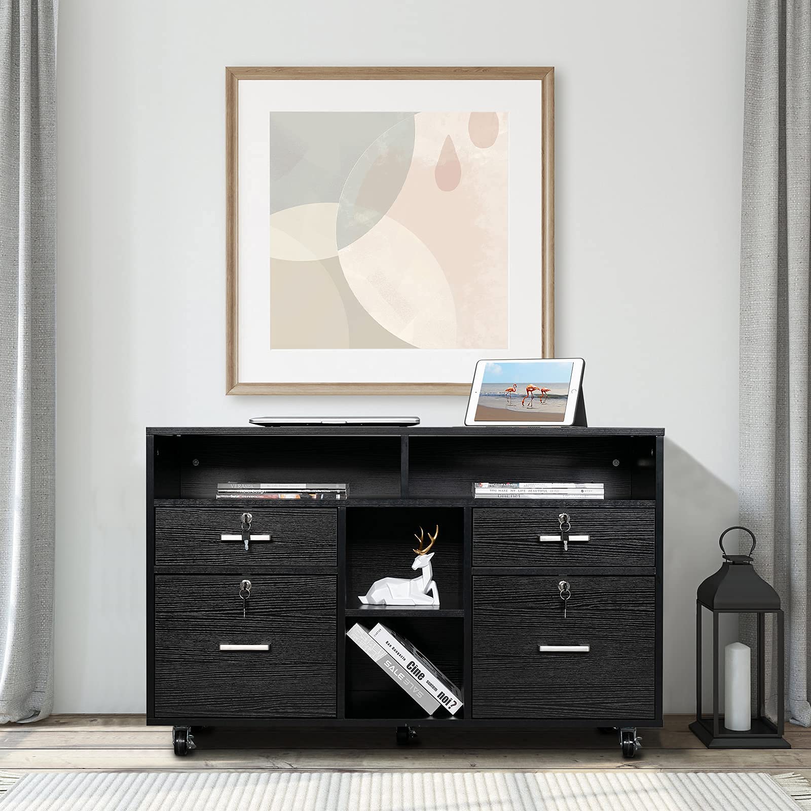 VINGLI 4-Drawer Wooden Mobile File Cabinet with Shelves - Locking Lateral Office Organizer, Printer Stand with Open Storage for Home & Office - Black | Perfect for Document Storage, Workspace Organization & Home Office Furniture