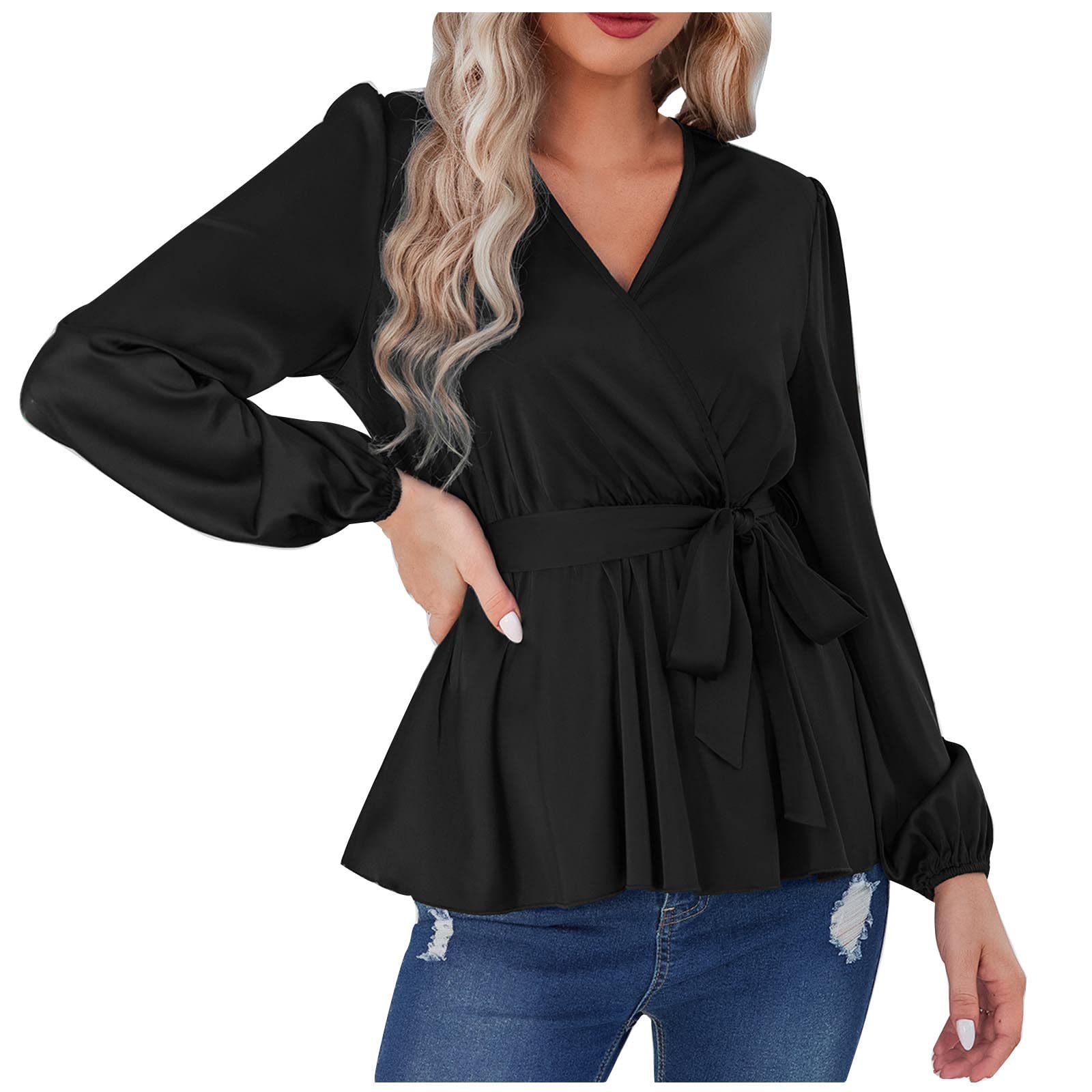 Posijego Women's Basic Long Sleeve V-Neck Blouse - Casual Summer & Fall Tops 2022 Fashion - Perfect for Office, Date Night & Everyday Wear