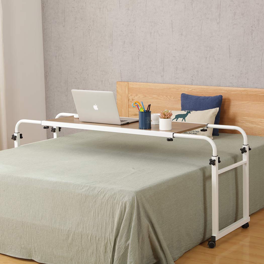 Adjustable Overbed Laptop Desk with Wheels - Rolling Bed Table for King/Queen Size Beds - Portable Workstation in Ancient Oak Finish - Perfect for Home Office, Hospital Use, and Bedside Computing