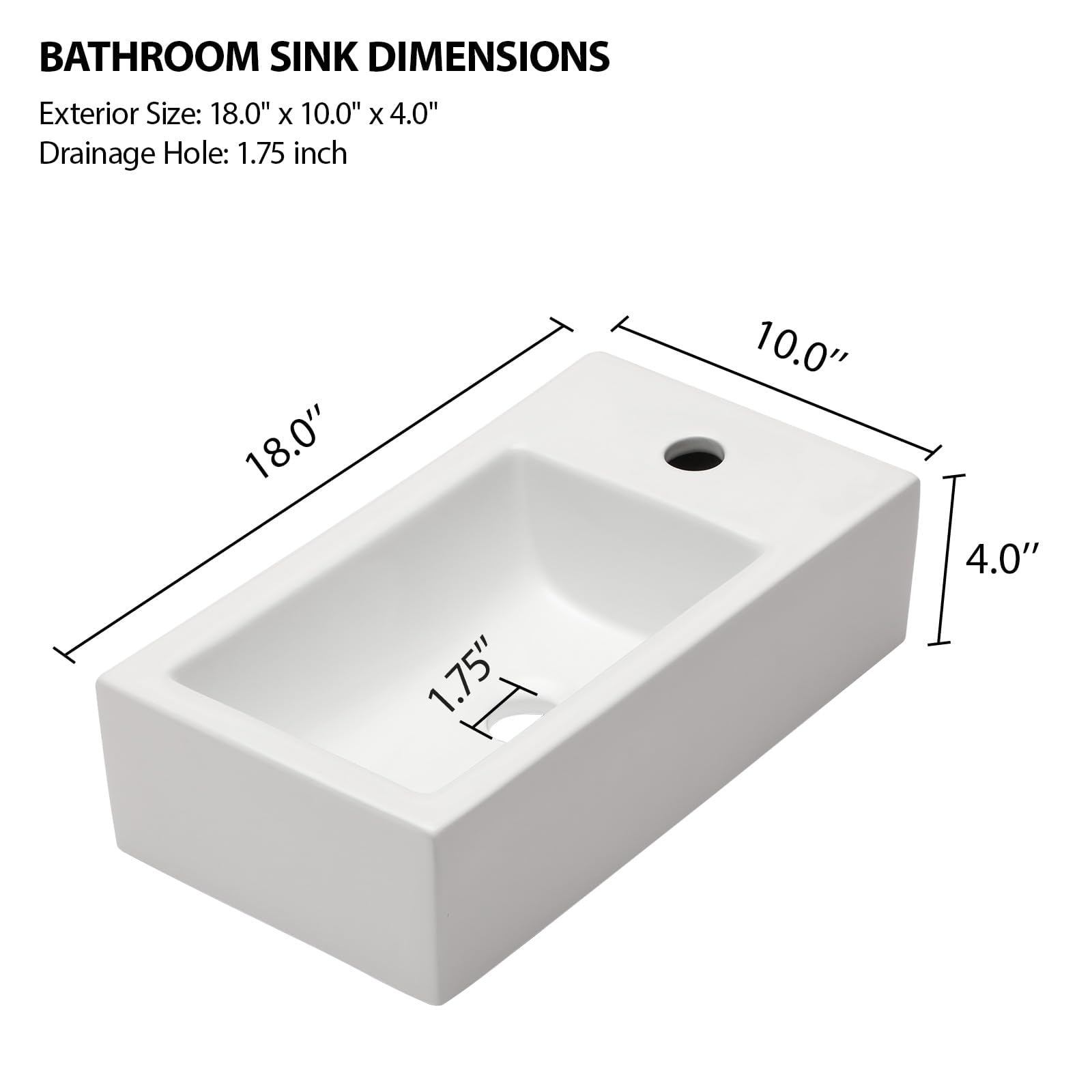 Funmier 18x10 Inch White Ceramic Wall Mount Floating Vessel Sink - Rectangle Bathroom Corner Sink with Right-Hand Drain - Perfect for Small Bathrooms, Powder Rooms & Modern Vanity Installations