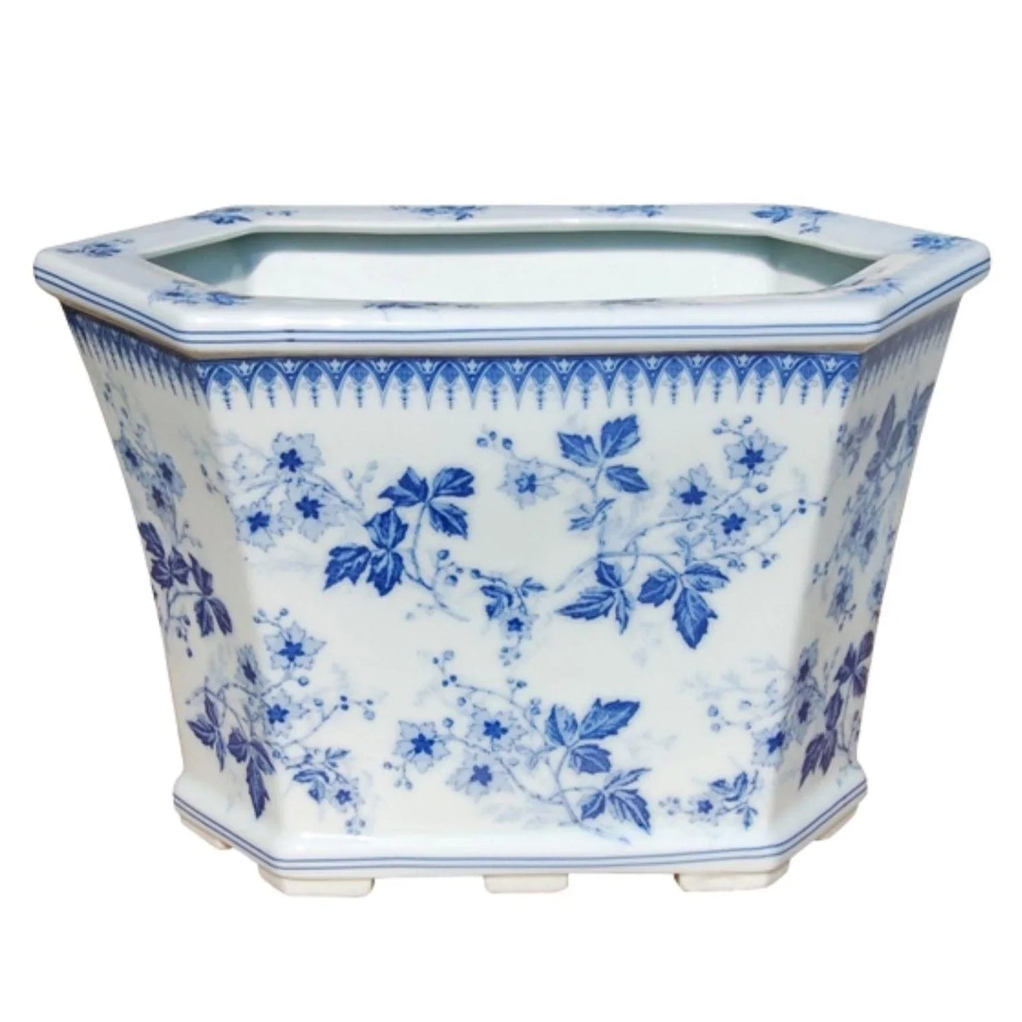 Exquisite Blue and White Porcelain Hexagon Flower Pot with Floral Design - Perfect for Indoor Plants, Home Decor, and Gift Giving