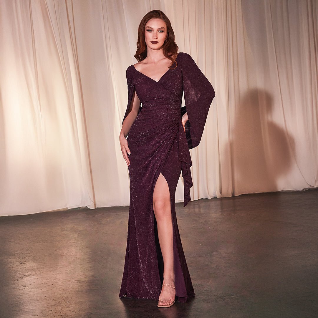 Ladivine by Cinderella Divine Wine Sparkle Cape Slit Bridesmaid Dress - Elegant Formal Gown for Weddings, Prom & Evening Events