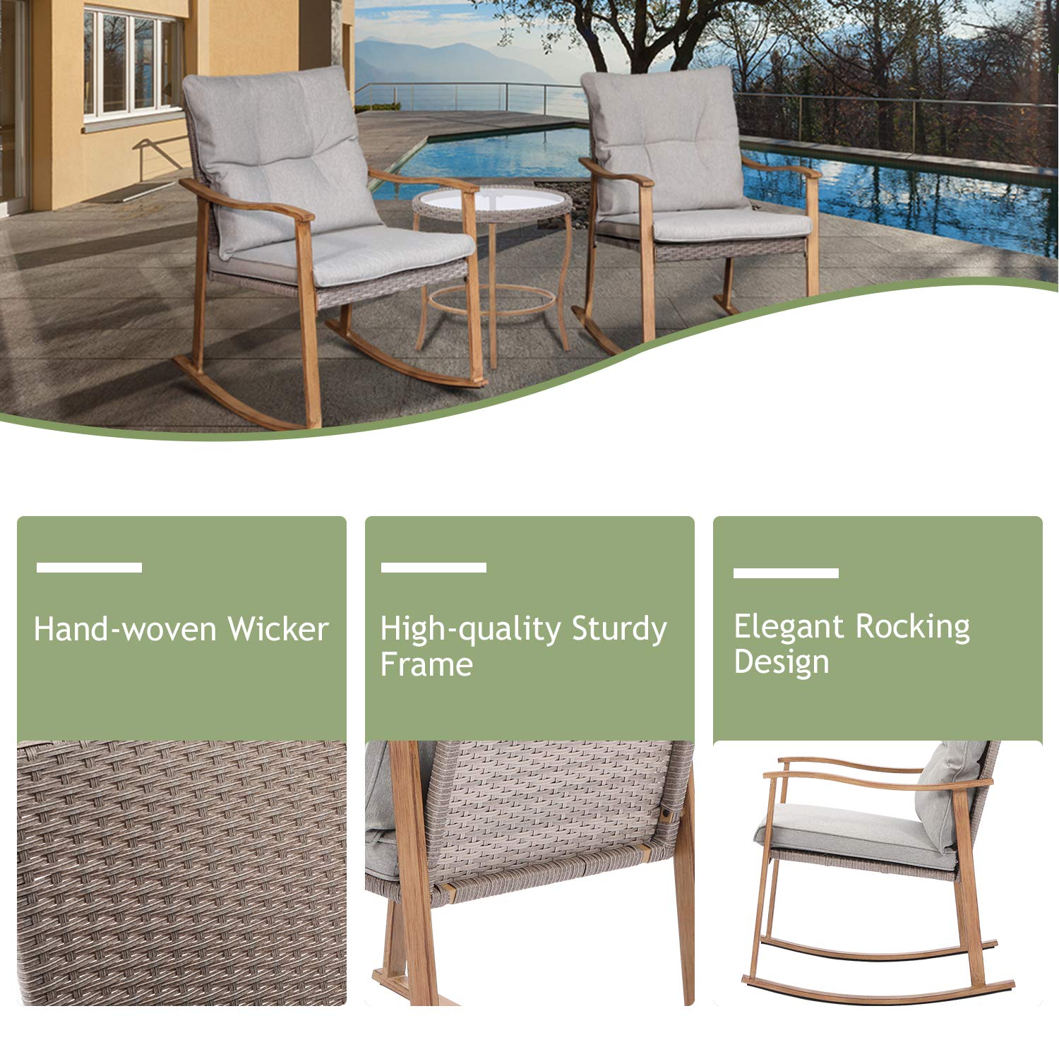 HOMPUS 3-Piece Outdoor Rocking Chair Set - Wicker Patio Furniture with Wood Armrests & Warm Gray Cushions, Includes Glass Coffee Table - Perfect for Front Porch, Balcony, Garden, and Backyard Relaxation