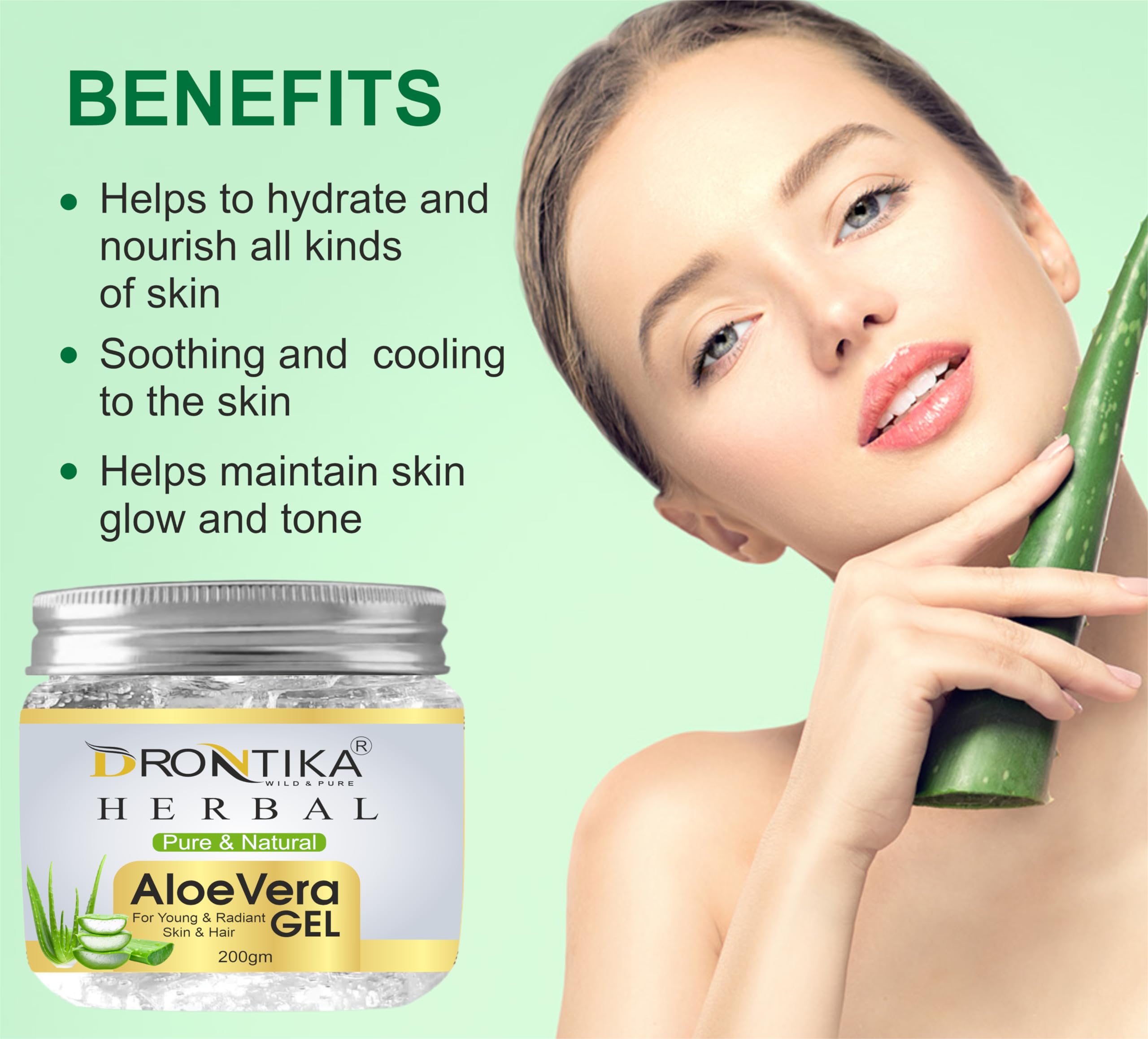**Drontika Herbal Natural Ayurvedic Aloe Vera Gel – Transparent Skin & Hair Care with Vitamin E, Paraben-Free, 200g (Pack of 2) – Soothes Sunburn, Hydrates Dry Skin & Tames Frizzy Hair**
