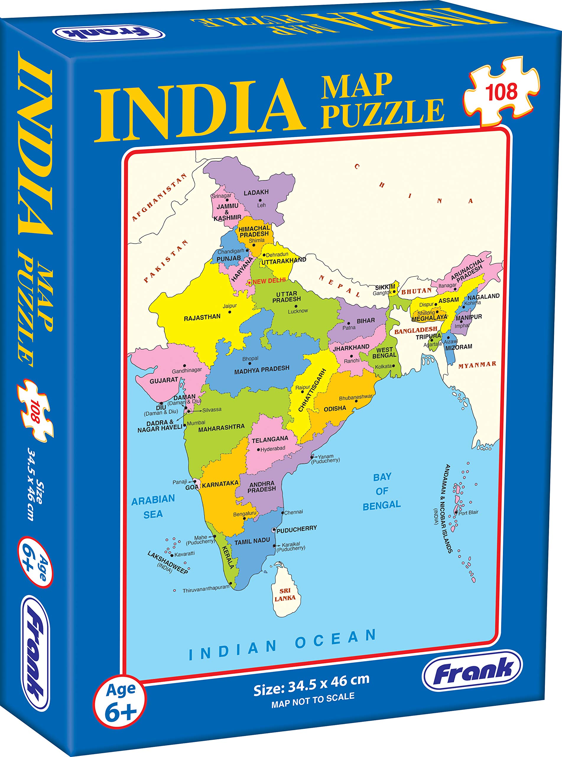 Frank India Map Puzzle for Kids Ages 6+ | 108-Piece Educational Geography Toy with States, Capitals & Union Territories | Brain Booster Memory Game | Perfect Gift for Classroom & Homeschool Learning