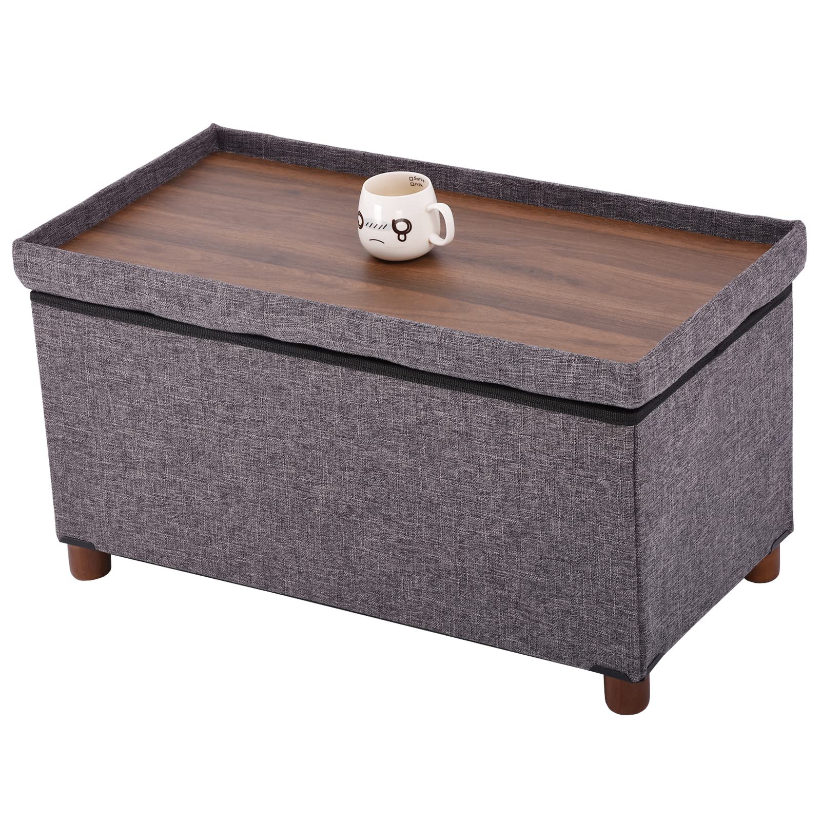 30 Inch Storage Ottoman Bench with Removable Lid - Wooden Legs, Linen Fabric, Foldable Design for Living Room, Bedroom & Foot Rest - Perfect for End of Bed, Small Space Organization & Home Decor