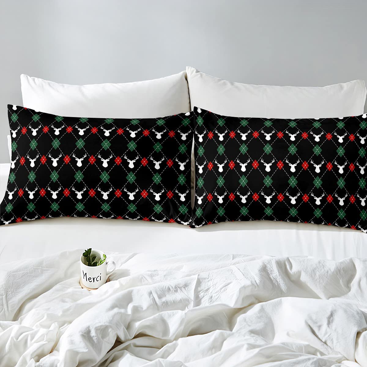 Castle Fairy Christmas Elk Bedding Set Queen Size - Deer Antlers Print Duvet Cover with 2 Pillowcases, Red & Green Geometric Holiday Microfiber Comforter for Kids Gift | Cozy Winter Bedroom Decor for Christmas