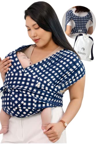 Konny Baby Carrier Wrap - Adjustable & Easy-to-Wear Infant Sling for Newborns to 44 lbs | Navy Gingham Pattern | Size L | Perfect for Hands-Free Parenting, Shopping & Outdoor Adventures