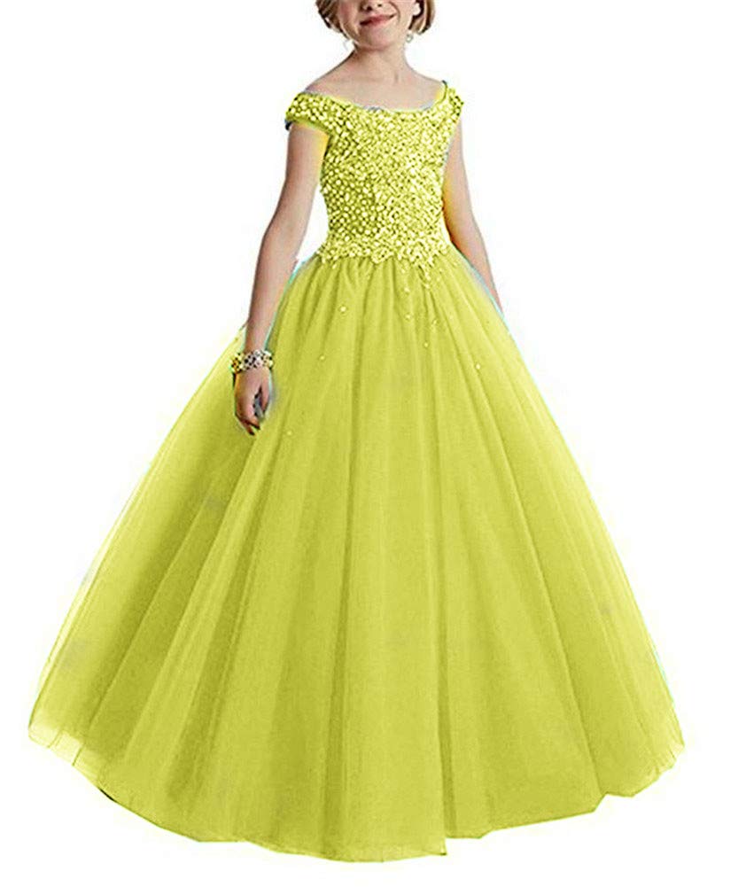 VeraQueen Girls Off Shoulder Beaded Pageant Dress with Cap Sleeves & Ruffles - Elegant Princess Ball Gown for Beauty Pageants, Prom, Quinceañera & Special Occasions