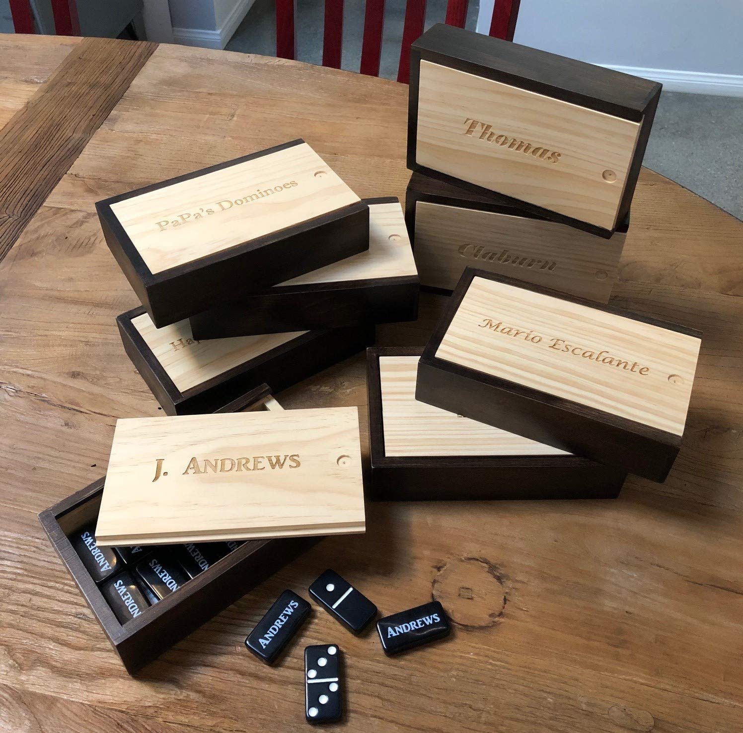 WE Games Custom Engraved Double 6 Black Dominoes Set in Wooden Case - Classic 28-Piece Domino Set for Family Game Night, Parties, and Casino-Themed Events
