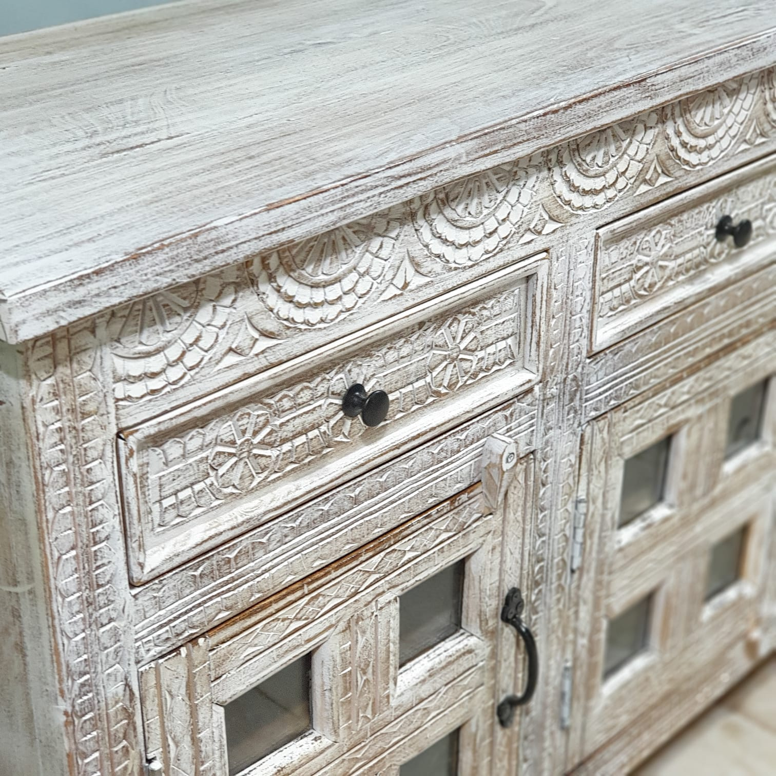 Handmade Carved Indian Mango Wood Sideboard with 4 Drawers & 4 Doors - Whitewashed Finish | Perfect for Dining Room Storage & Farmhouse Decor