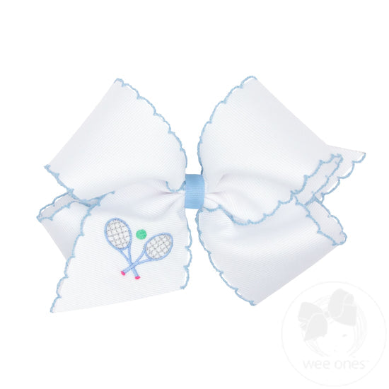 Elegant Grosgrain Hair Bow with Moonstitch Edge & Tennis Racket Embroidery - Perfect for Girls' Sports Events, School Activities, and Fashion Accessories
