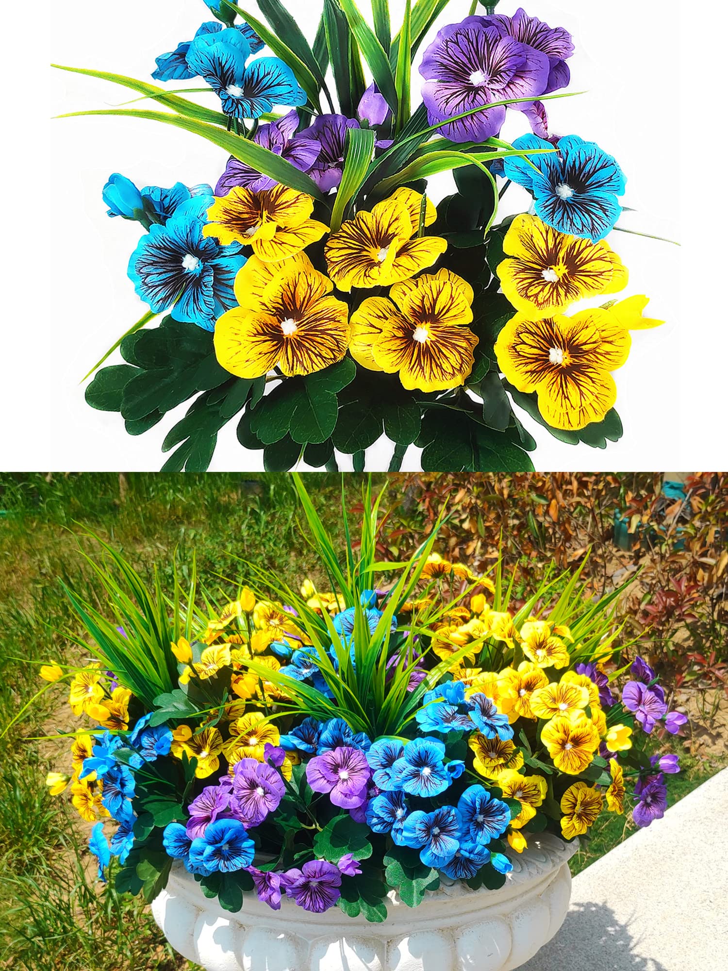 QIANYUN 8 Bundles UV Resistant Artificial Pansies Flowers - Outdoor Fake Plastic Plants in Bulk (12 Pack, Yellow/Blue/Purple) for Garden Decor, Window Boxes & Patio Landscaping
