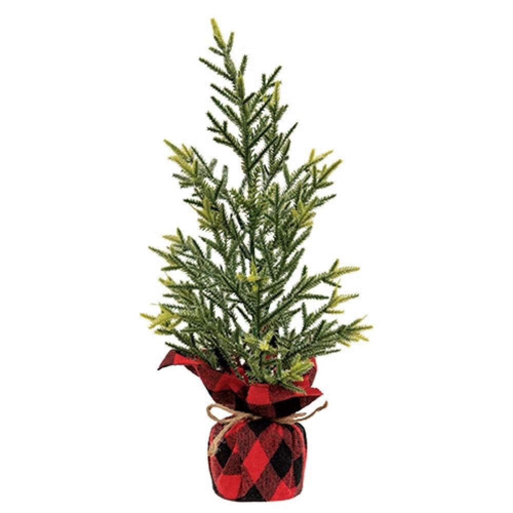 Glittered Cedar Christmas Tree with Red and Black Buffalo Check Base - Perfect for Holiday Home Decor, Festive Parties & Cozy Winter Celebrations