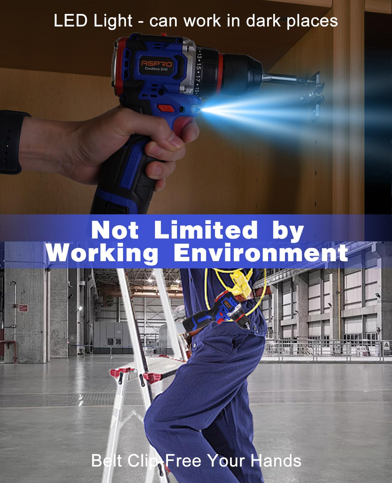 Aspro 16.8V Brushless Cordless Drill Set with Battery & Charger - 2-Speed Electric Drill, 3/8