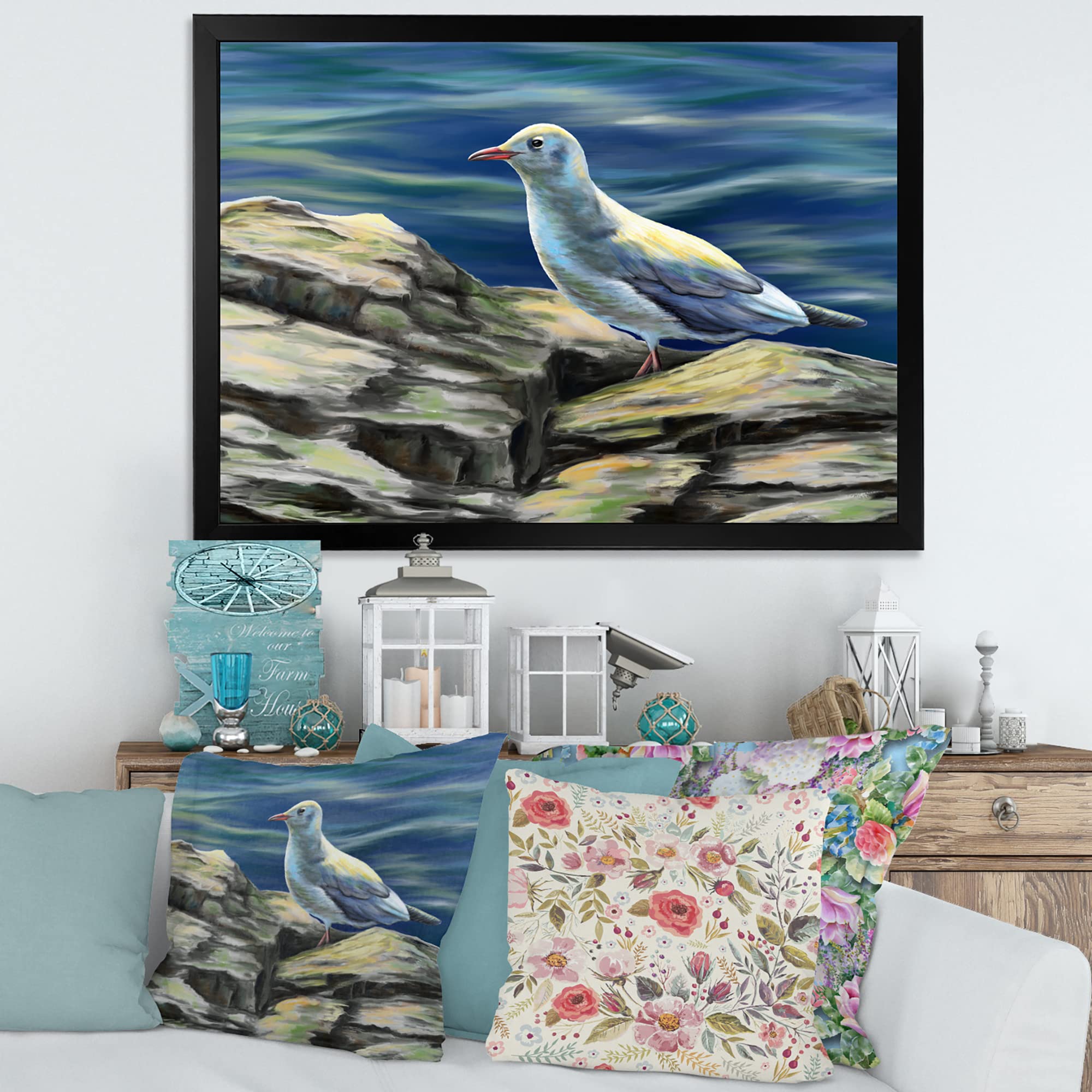 DesignQ Seagull Birds By The Sea Nautical Coastal Framed Wall Art - Beach House Decor, Ocean Theme Living Room & Bedroom Wall Decor