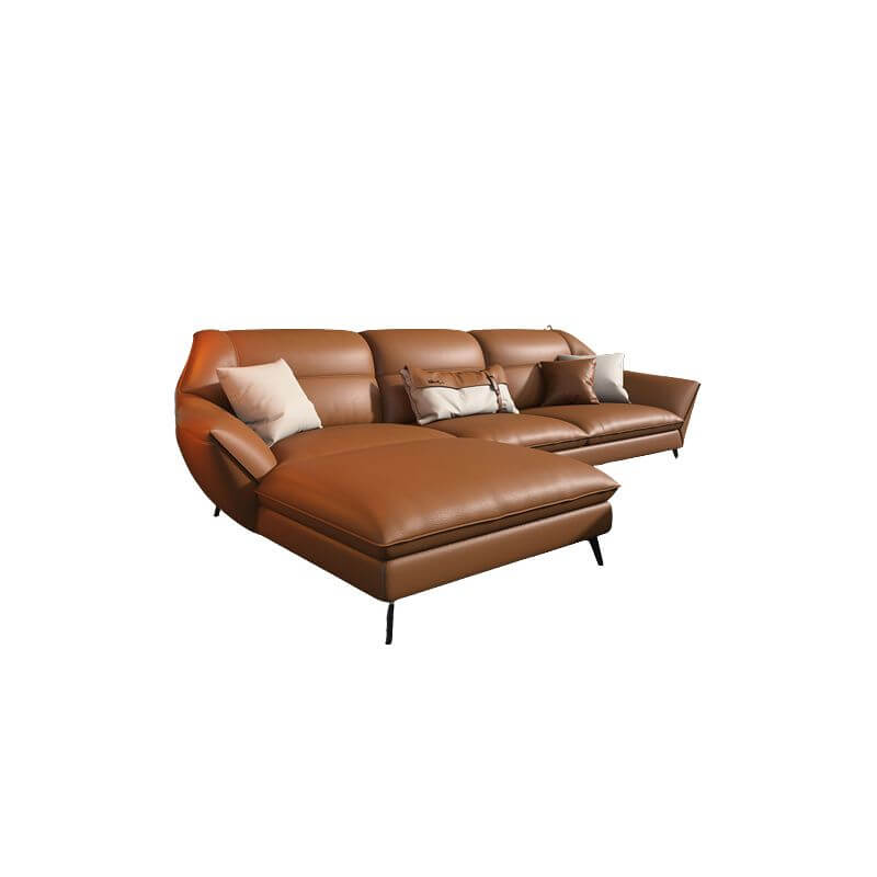 Mid Century Modern Sectional Sofa - Genuine Leather Cushion Back Sofa with Sloped Arms for Living Room, Lounge & Home Theater Comfort