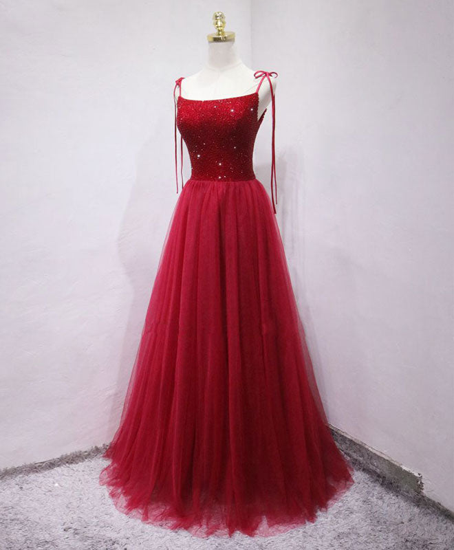 Elegant Burgundy Tulle Beaded Long Prom Dress with Appliques - Formal Evening Gown for Homecoming, Quinceañera & Special Occasions