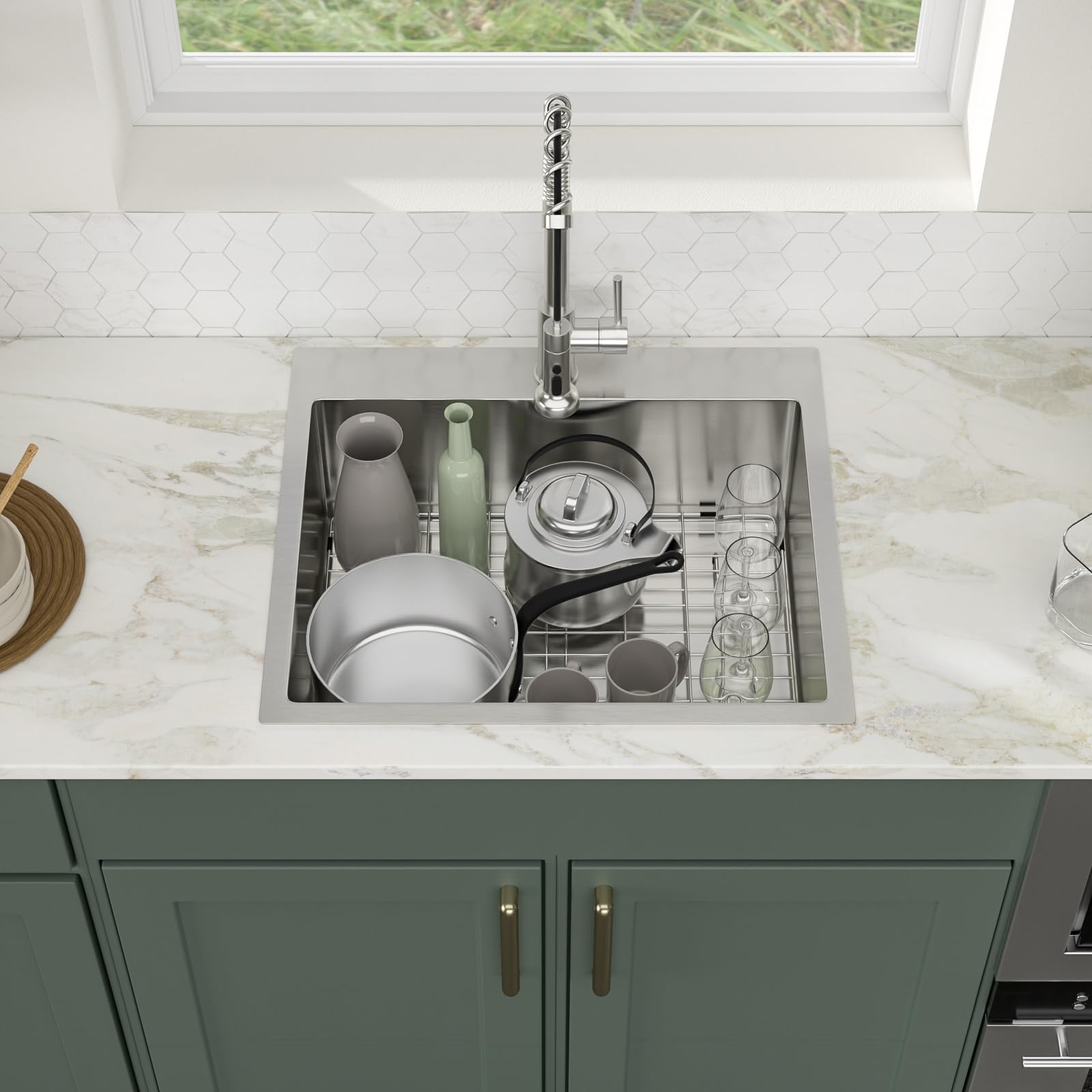 Logmey 25 Inch Drop In Kitchen Sink - Handmade 16 Gauge Stainless Steel Single Bowl Topmount Sink with Round Corners (25x22x9 Inches) - Perfect for Bar, Prep & Modern Kitchen Renovations