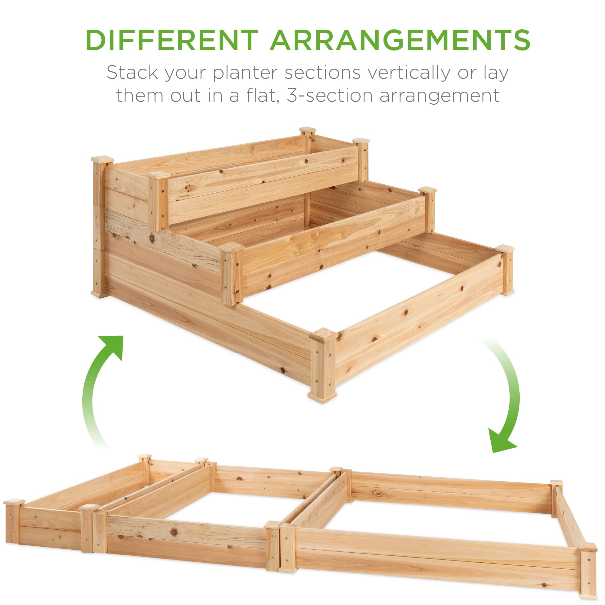 Best Choice Products 3-Tier Fir Wood Raised Garden Bed Planter Kit - Stackable & Flat Arrangement for Plants, Herbs, Vegetables - Easy Assembly Natural Wood Outdoor Gardening Solution for Backyard, Patio, and Urban Farming