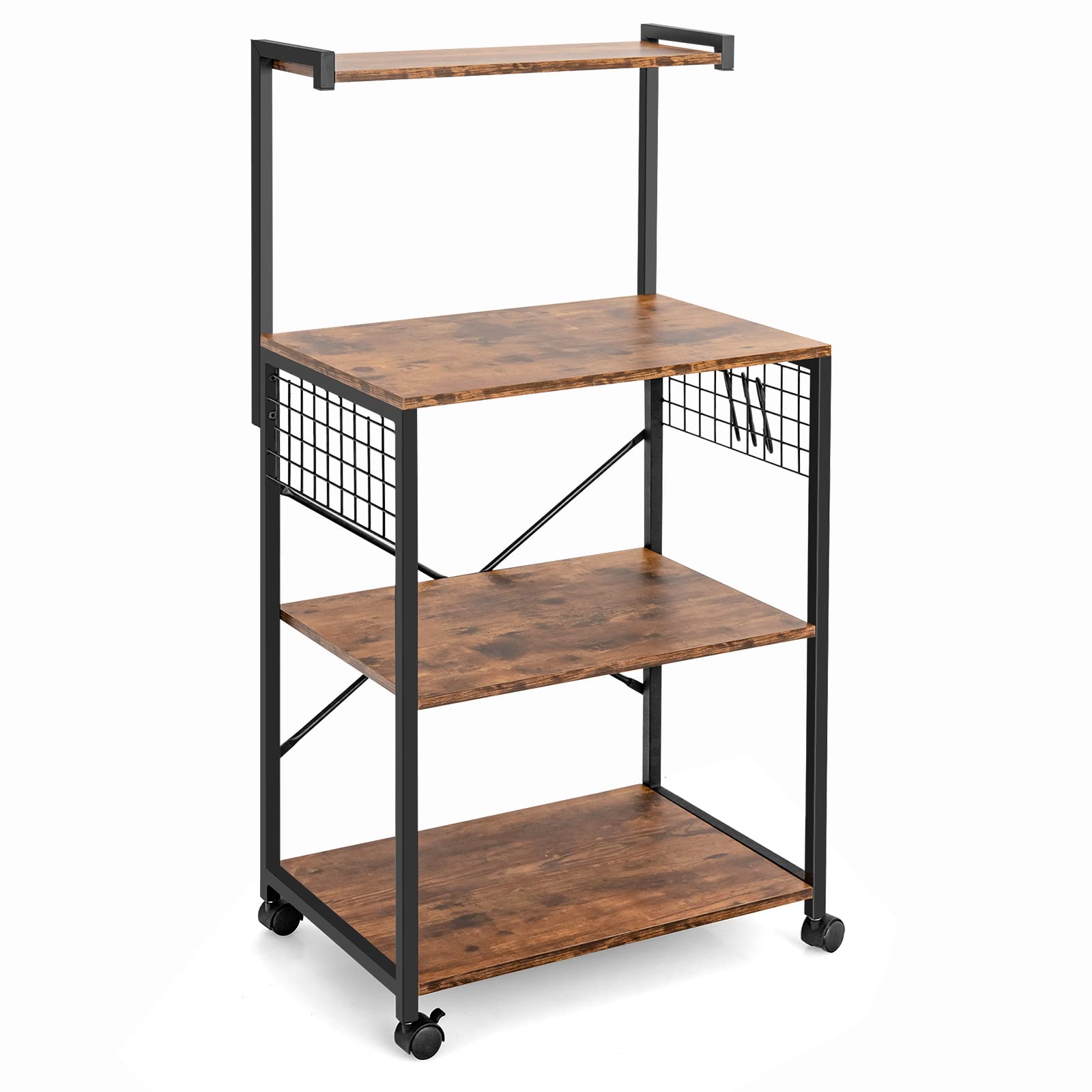 Giantex Industrial Rolling Kitchen Baker Rack with Wheels - 3 Hooks, Wood Shelves & Metal Frame - Microwave Stand, Storage Shelf for Dining Room & Pantry Organization (Rustic Brown) - Perfect for Small Kitchens, Bakeries & Home Storage Solutions