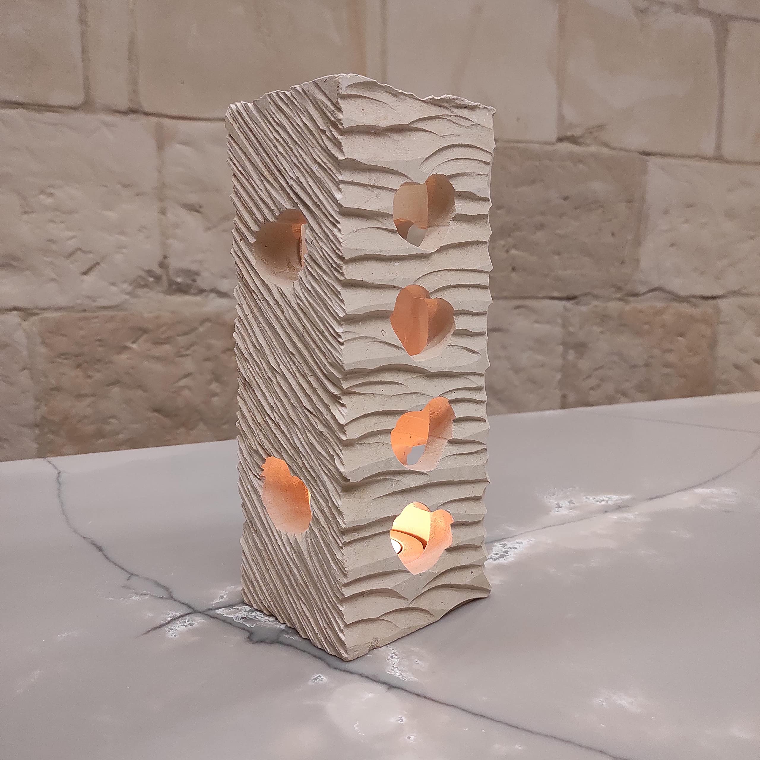 Hearts Large Stone Candle Holder & LED Lantern - Handmade in Italy with Gift Box, Candle, Batteries & Blank Message Card - Romantic Home Decor Centerpiece for Valentine's Day, Wedding, Anniversary & Table Setting