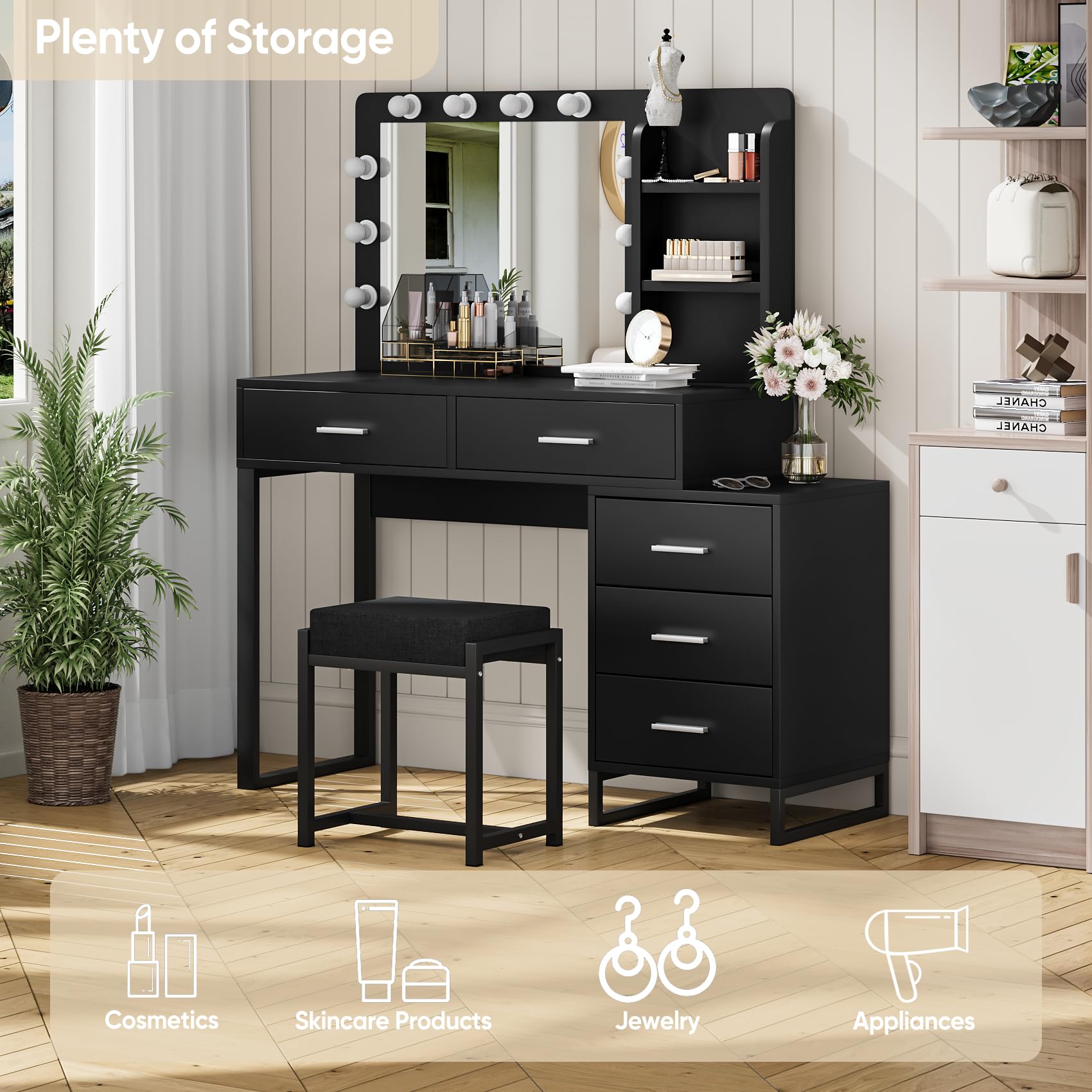 Adjustable LED Makeup Vanity Desk with Mirror & 5 Drawers - 3 Color Lighting Modes & Brightness Control - Black Dressing Table for Bedroom, Salon & Home Beauty Station