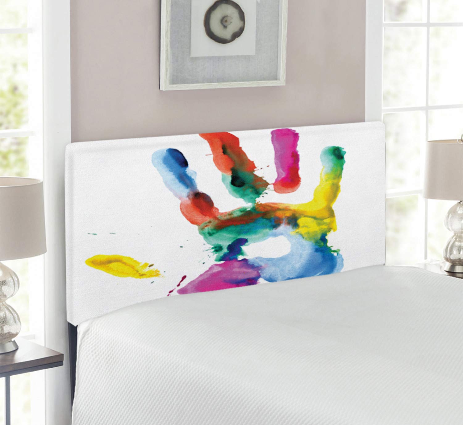 Ambesonne Watercolor Headboard - Upholstered Decorative Metal Bed Frame with Memory Foam, Twin Size, Multicolor Hand Print Art Design | Perfect for Modern Bedrooms, Guest Rooms & Dorm Decor