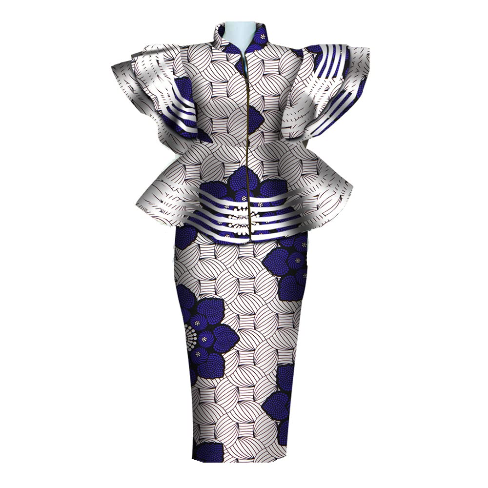 BAZINRICHE African Print Women's Dashiki Dress & Skirt Set - Ankara Bazin Riche Zipper Top Outfit for Parties, Weddings & Cultural Events