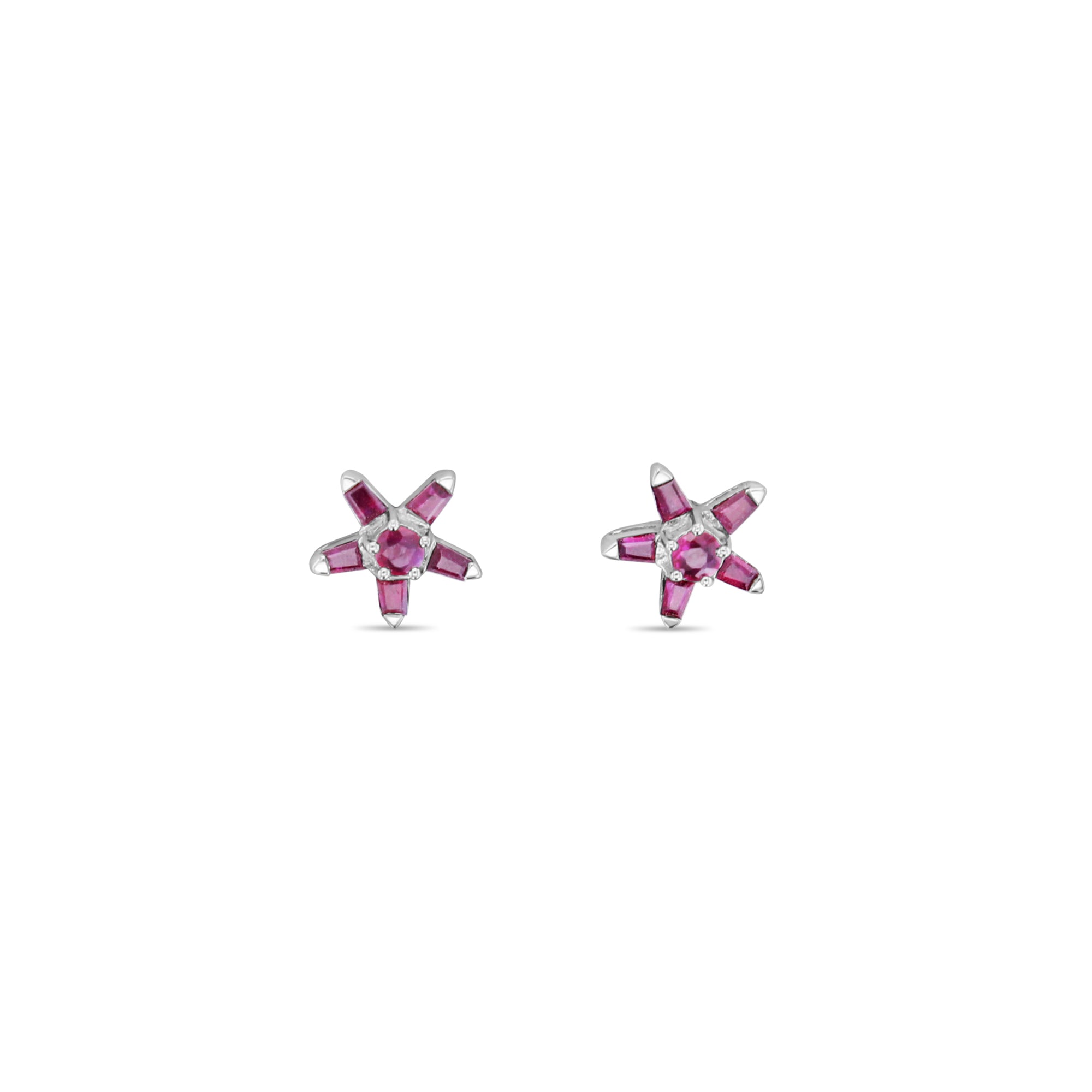 14K White Gold Ruby Baguette Star Shaped Stud Earrings for Women - Elegant Everyday Jewelry & Perfect Gift for Birthdays, Anniversaries