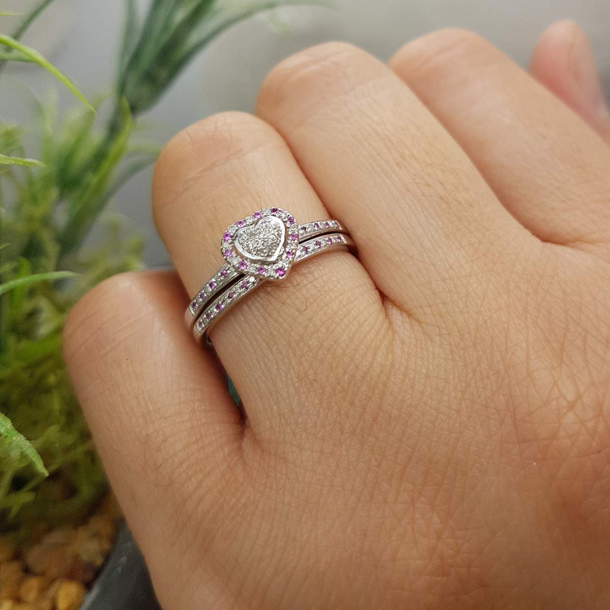Pink Sapphire & Diamond Heart Engagement Ring Set for Women - Sterling Silver Bridal Jewelry, Wedding & Anniversary Gift Idea
