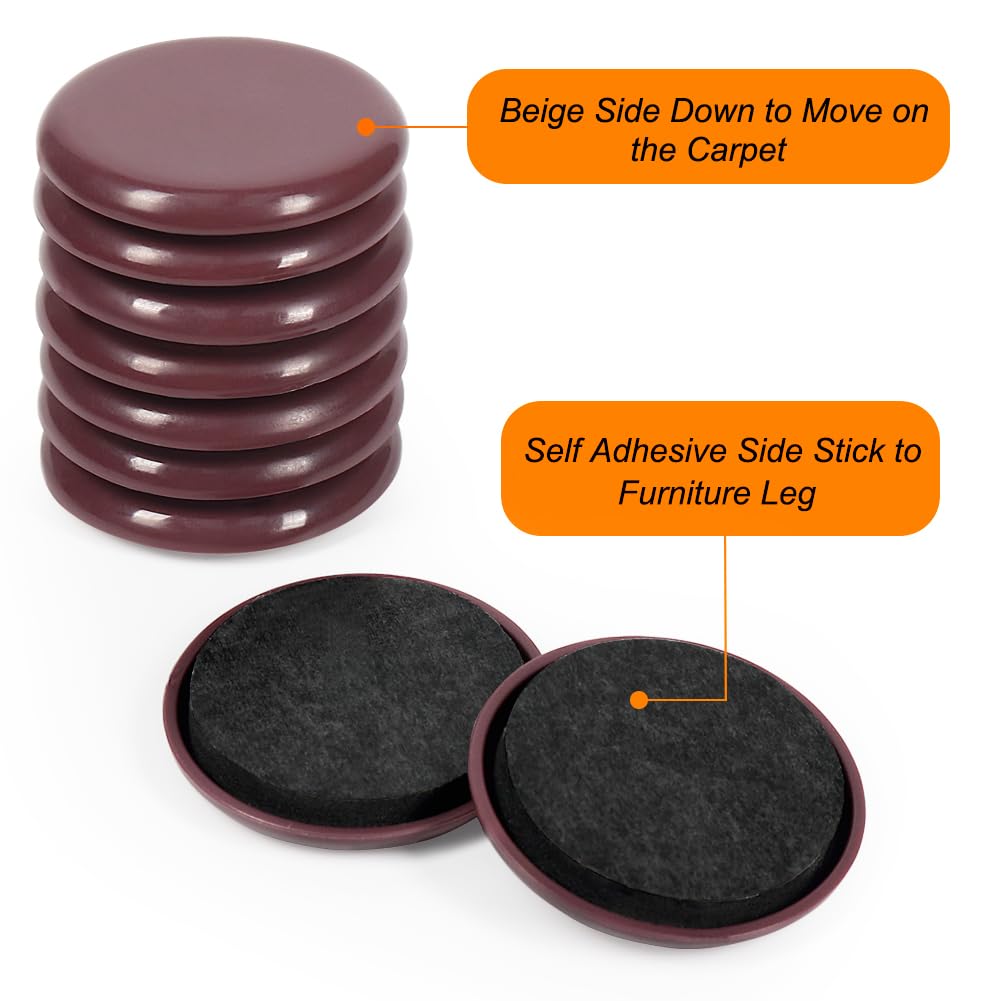 12pcs Heavy Duty 2 Inch Furniture Sliders - Self Adhesive Chair Gliders for Carpet & Hardwood Floors (Brown) | Easy Moving for Sofas, Tables & Home Furniture