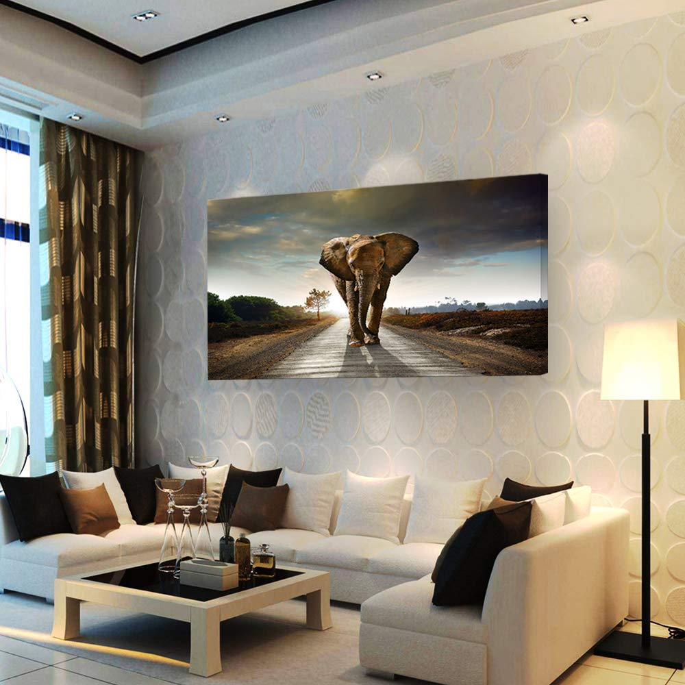 Muolunna D1262 Elephant Canvas Wall Art - Stretched & Framed Grey Landscape Animal Painting for Living Room, Bedroom, Home Office & Kitchen Decor | Perfect for Nature Lovers & Modern Interior Design