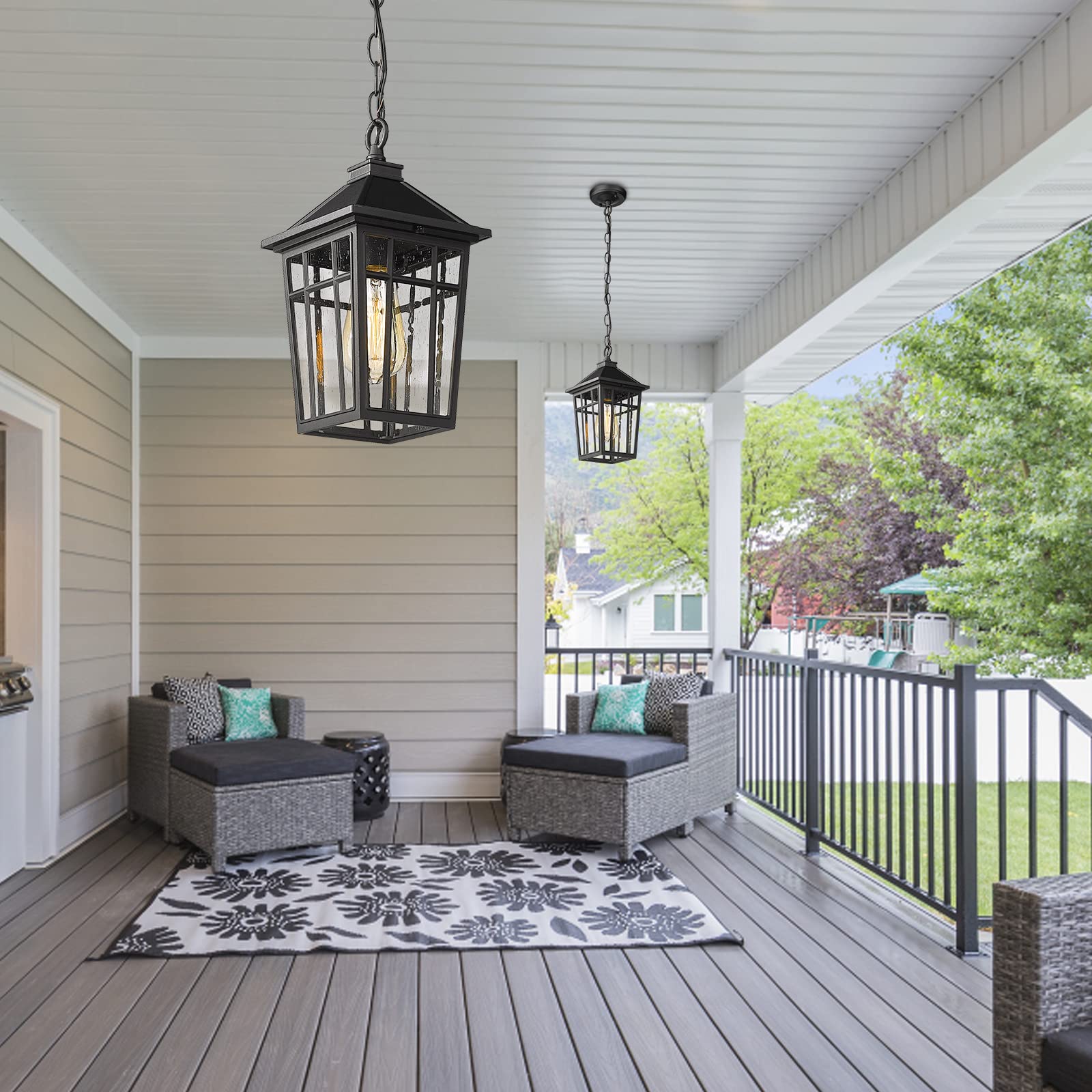 Darkaway Outdoor Pendant Light Fixture - Waterproof Rust-Resistant Aluminum Hanging Light with Seeded Glass for Porch, Entryway, Doorway - Farmhouse Black Style - Perfect for Patio, Deck, Garden & Outdoor Dining Areas