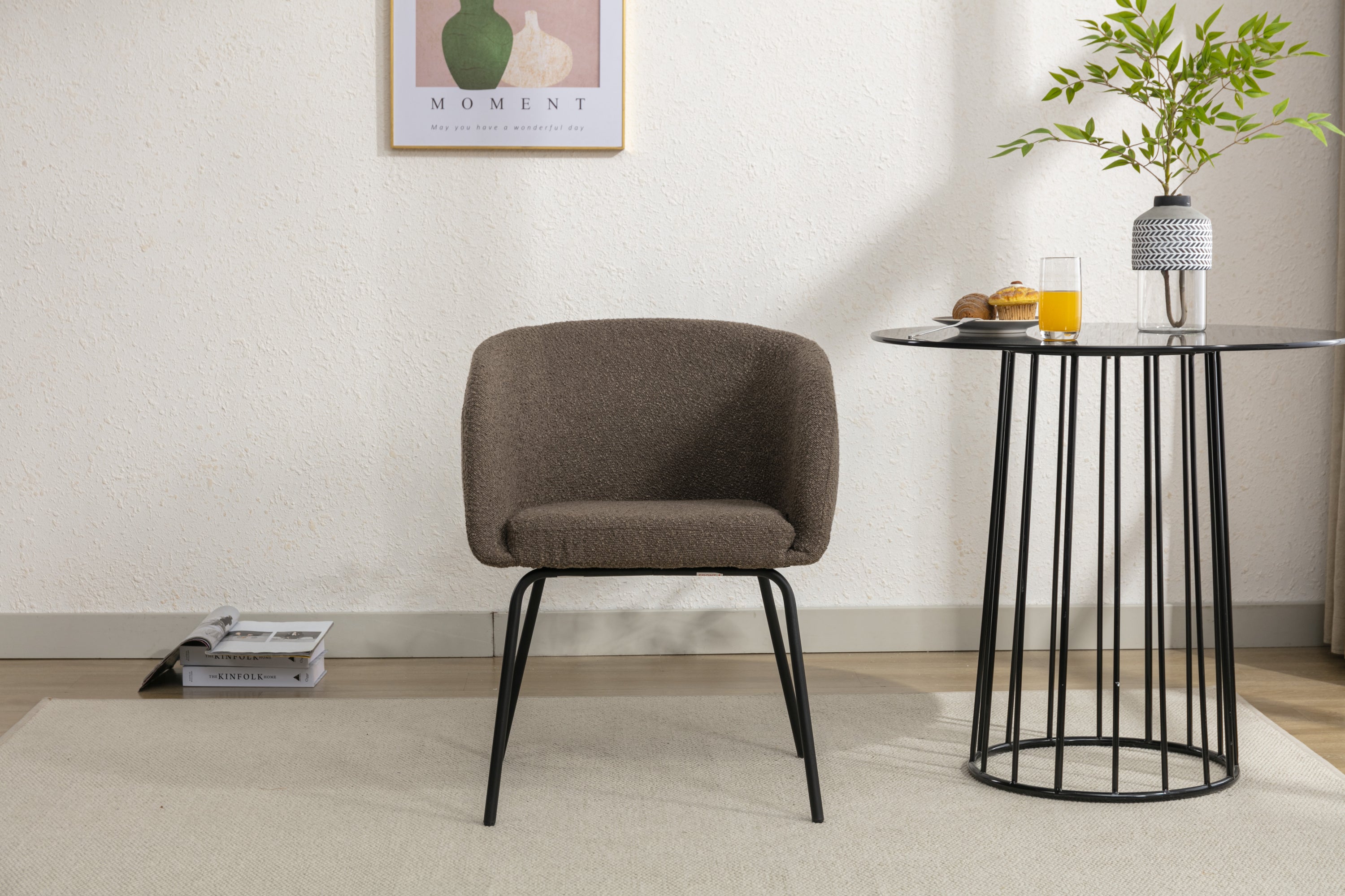 Boucle Fabric Dining Chair with Black Metal Legs - Set of 1 - Modern Upholstered Accent Chair for Kitchen, Dining Room, or Office