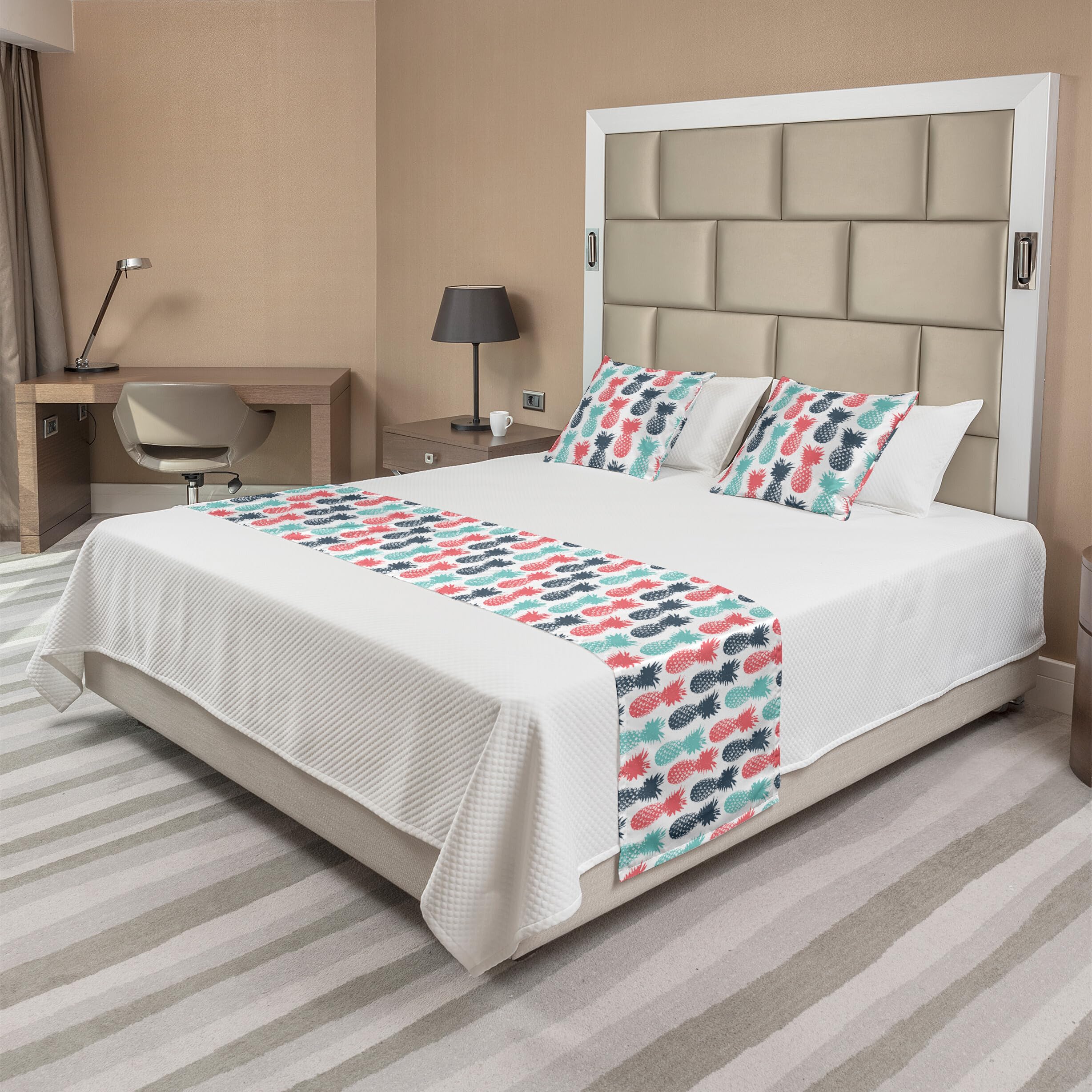 Ambesonne Pineapple Bed Runner Set - Tropical Pineapple Fruit Pattern, Decorative Bedding Scarf with 2 Pillow Shams for Home & Hotel Decor in Turquoise Coral White | Perfect for Beach House, Summer Bedroom & Boho Chic Interior Design