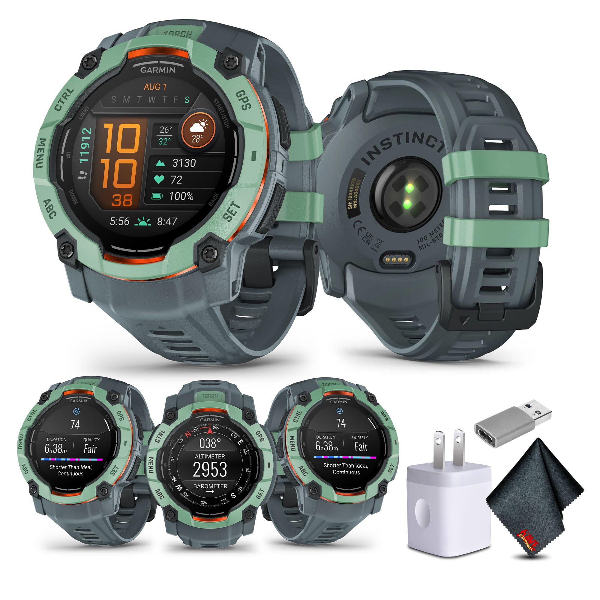 Garmin Instinct 3 50mm AMOLED GPS Smartwatch - Rugged Outdoor Watch with Metal Bezel, Built-in Flashlight, 24-Day Battery Life (Neo Tropic/Twilight) | Tactical Bundle for Hiking, Camping & Military Use