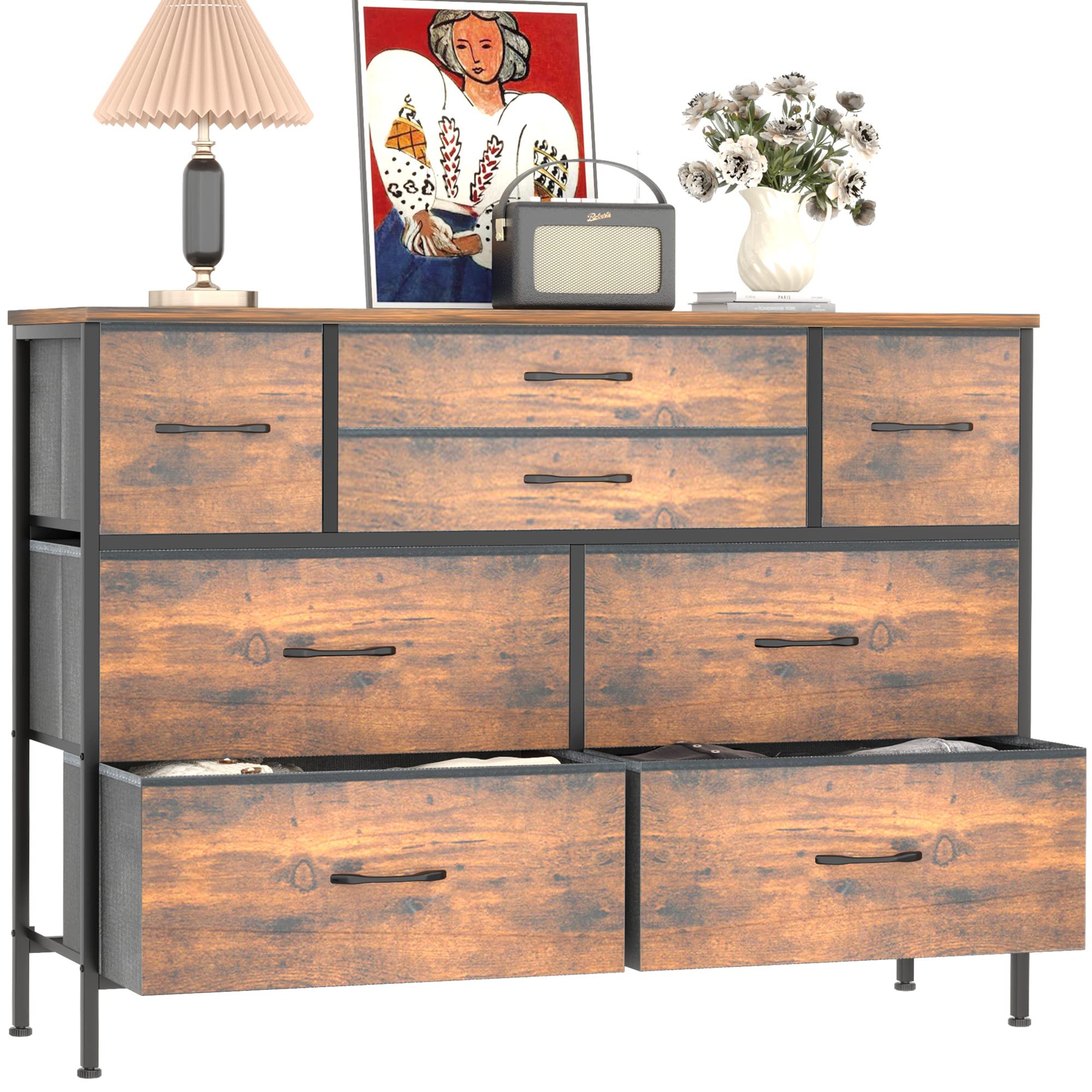 SENSWEET 8-Drawer Fabric Dresser with Steel Frame & Wood Top - Rustic Brown Storage Chest for Bedroom, Living Room, Nursery or Hallway | Perfect for Clothes, Toys & Home Organization